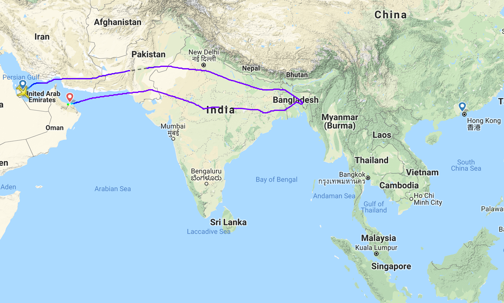 Round trip: the track of a Qatar Airways flight from Doha towards Hong Kong, returning to Muscat in Oman