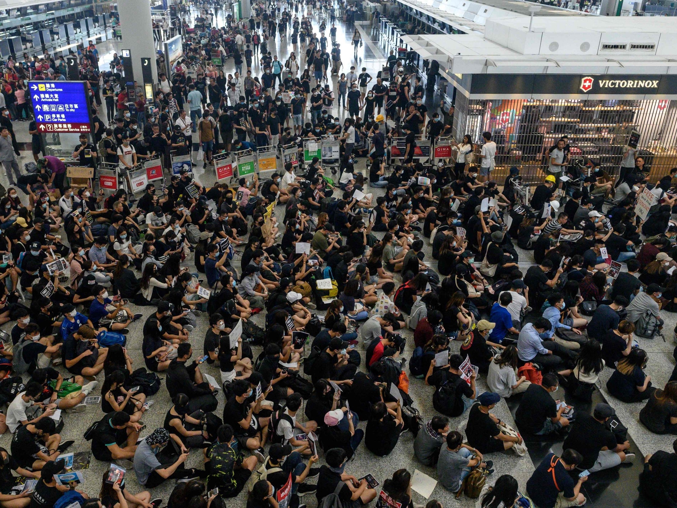 Protesters have targeted the city’s airport but flights are still running