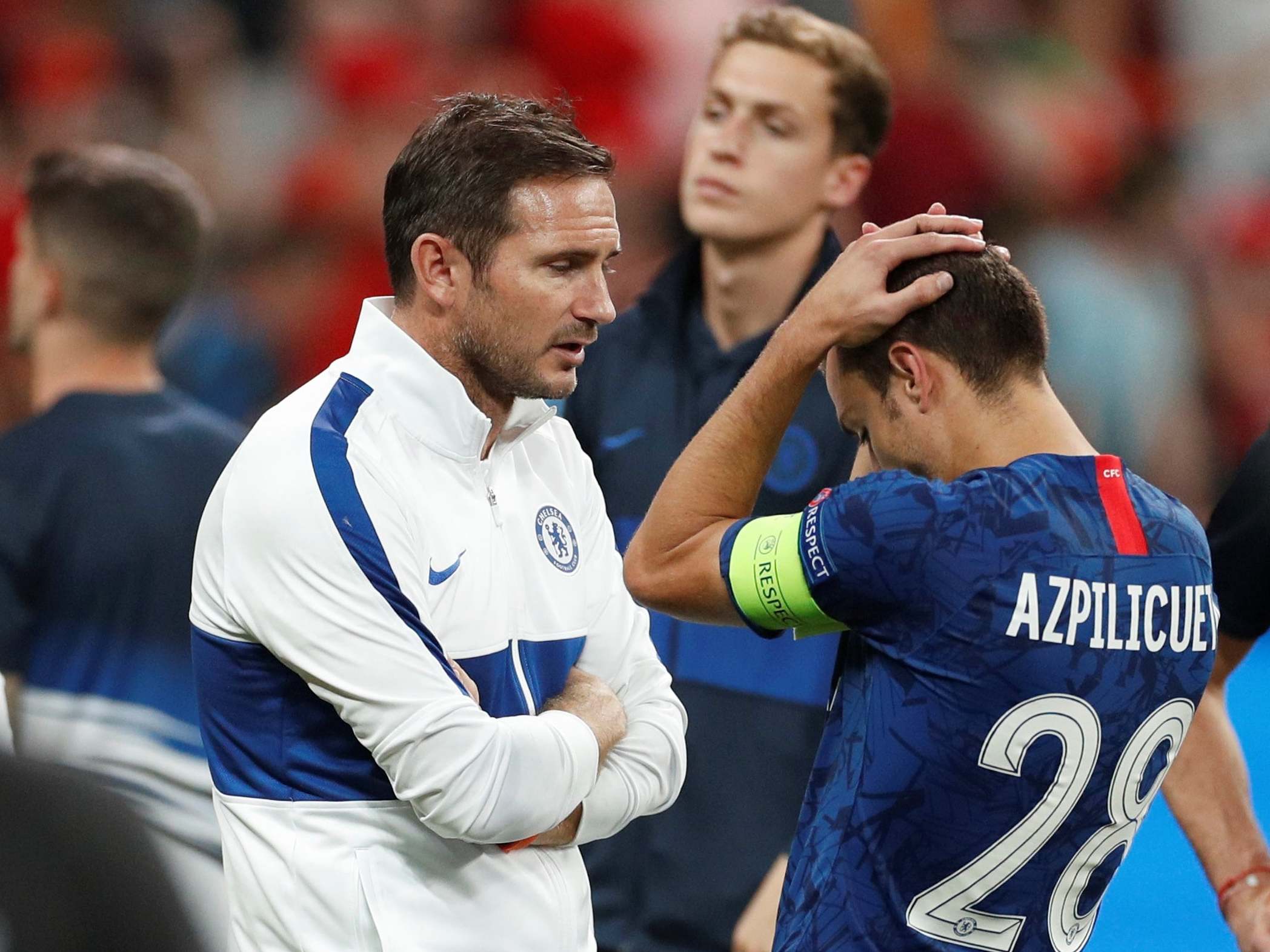 Lampard and club captain Cesar Azpilicueta react to defeat