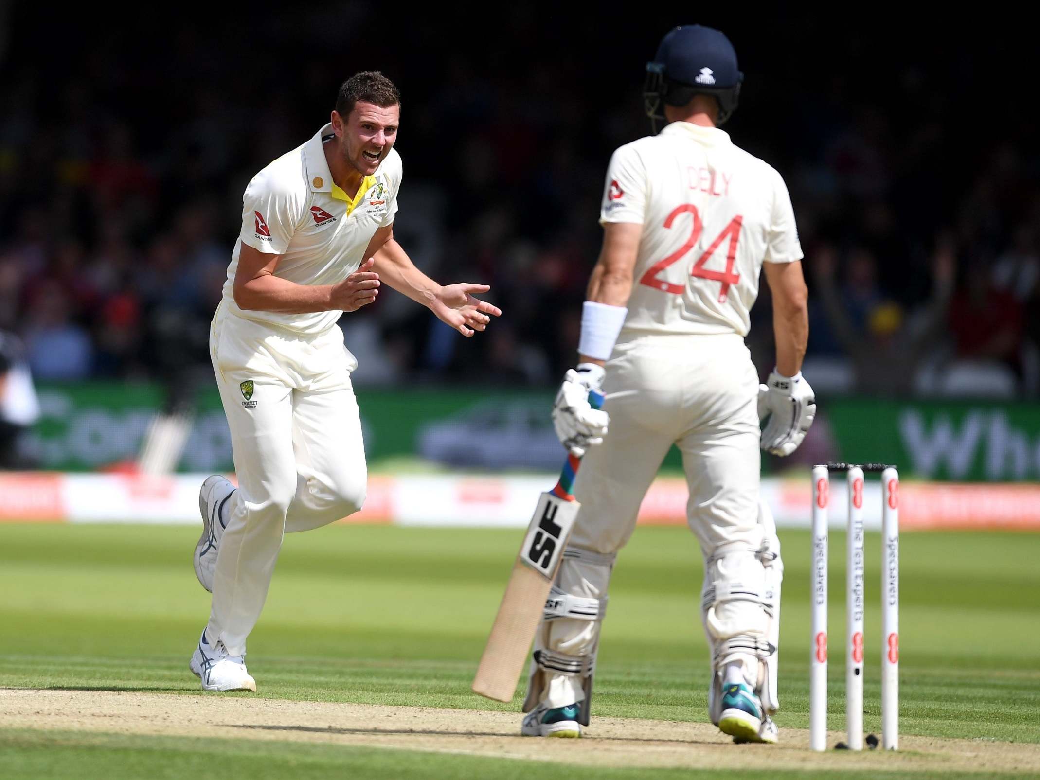 Josh Hazelwood celebrates taking the wicket of Joe Denly (Getty)