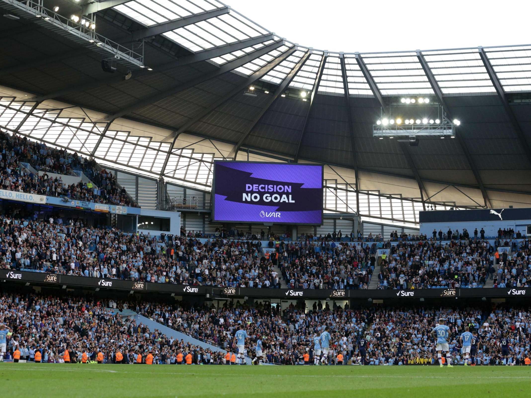 The big screen displays the "no goal" VAR decision (AFP/Getty)