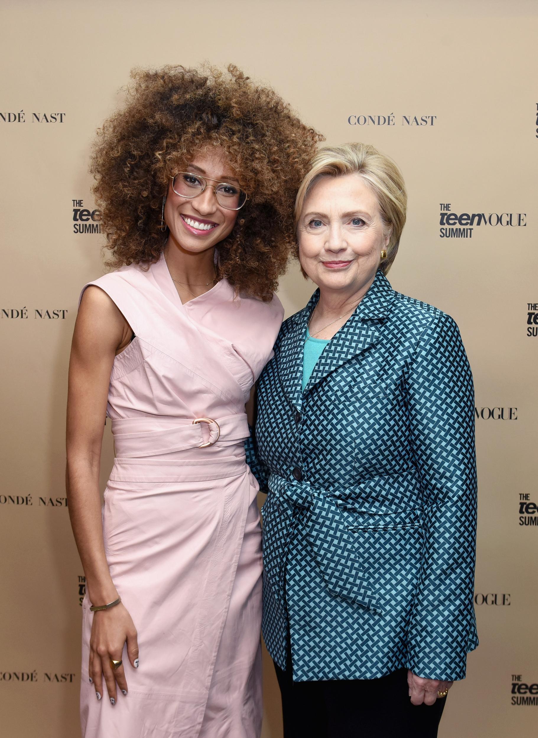 Welteroth with Hillary Clinton, who delivered a keynote speech at the Teen Vogue Summit LA in 2017 (Getty)