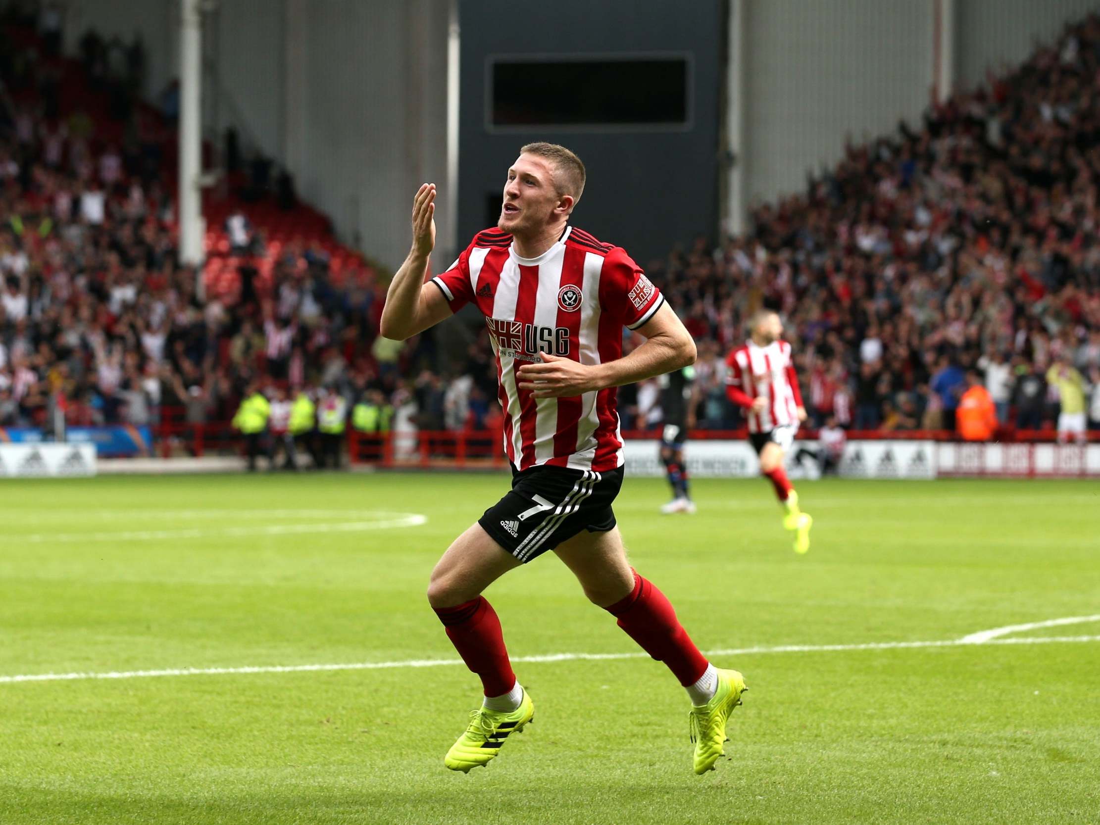 John Lunstram celebrates putting Sheffield United ahead against Crystal Palace