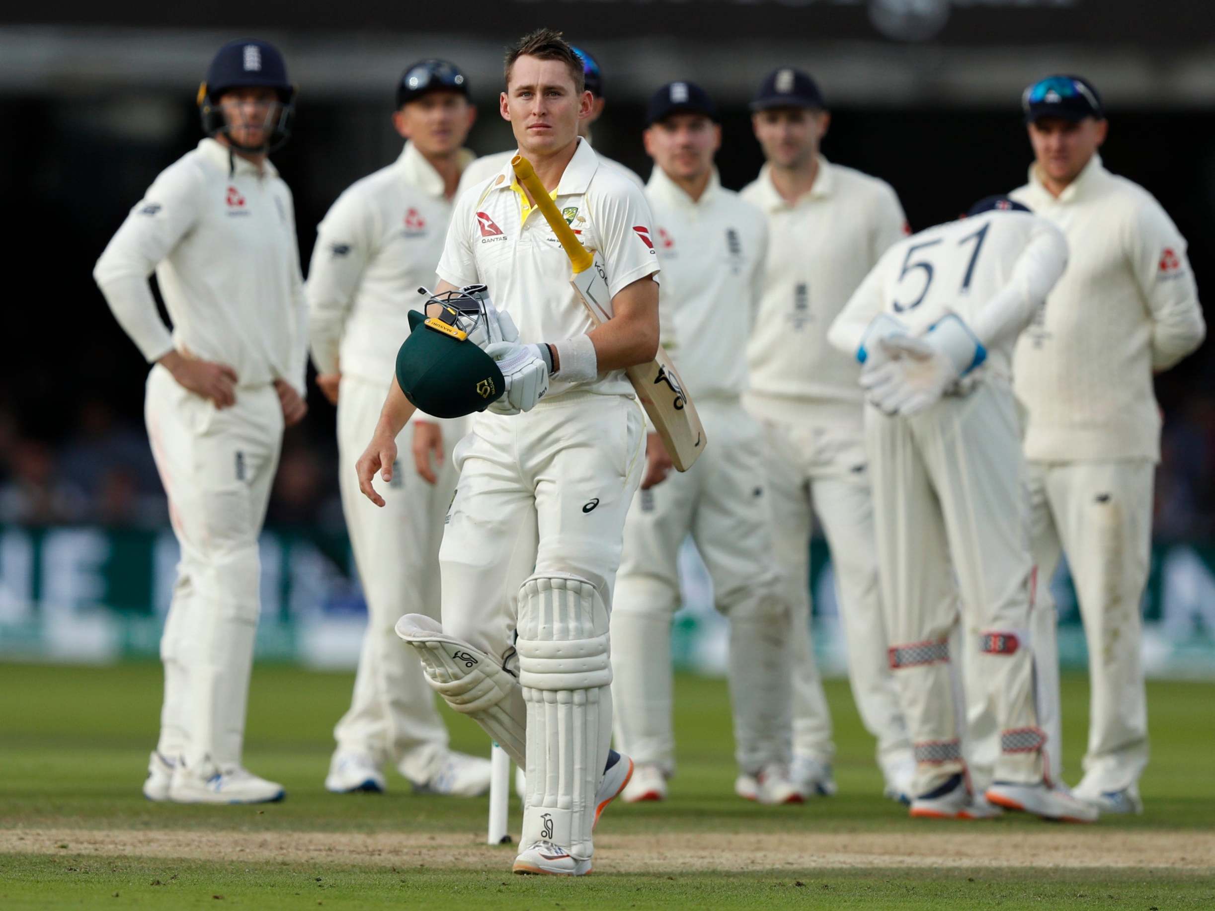 Marnus Labuschagne departs at the end of his crucial innings