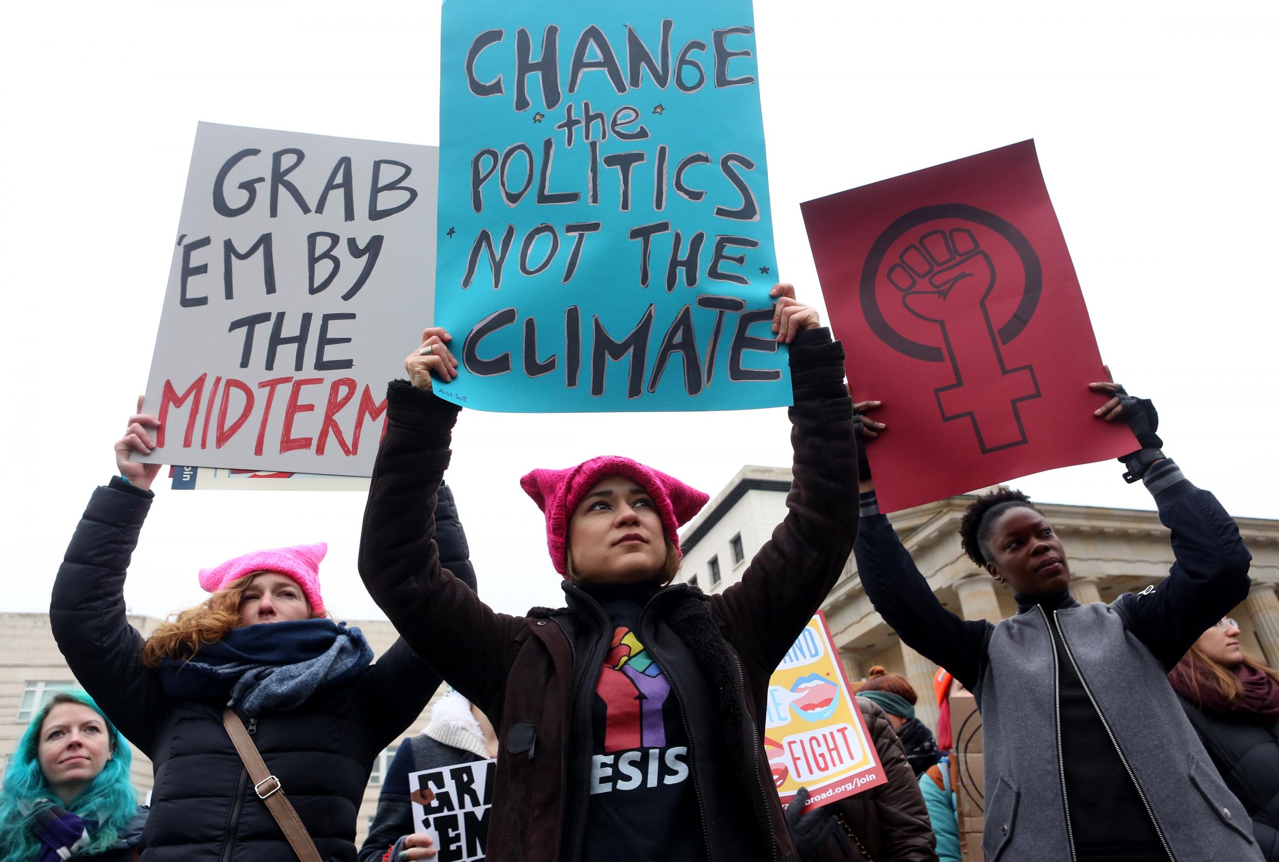 Activists participate in a demonstration for women's rights on January 21, 2018 in Berlin, Germany. The 2018 Women's March is a planned rally and follow-up to the 2017 Women's March on Washington.