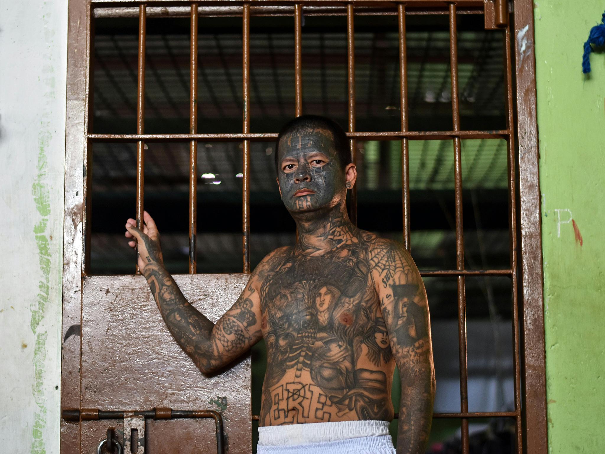 An ex member of the MS-13 gang is pictured at Santa Ana prison, 60 km northwest of San Salvador, on May 21, 2019