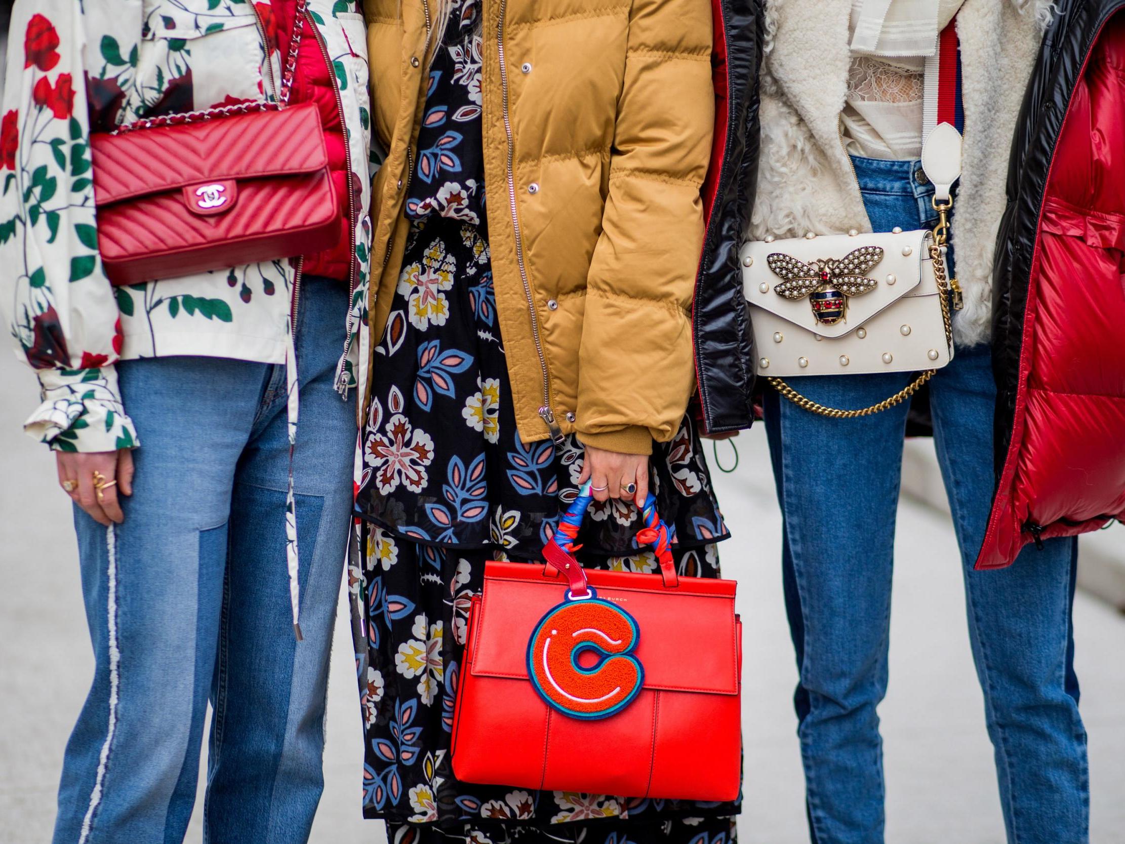 A Gucci bag, Chanel bag, Tory Burch bag outside Tory Burch on February 14, 2017 in New York City.