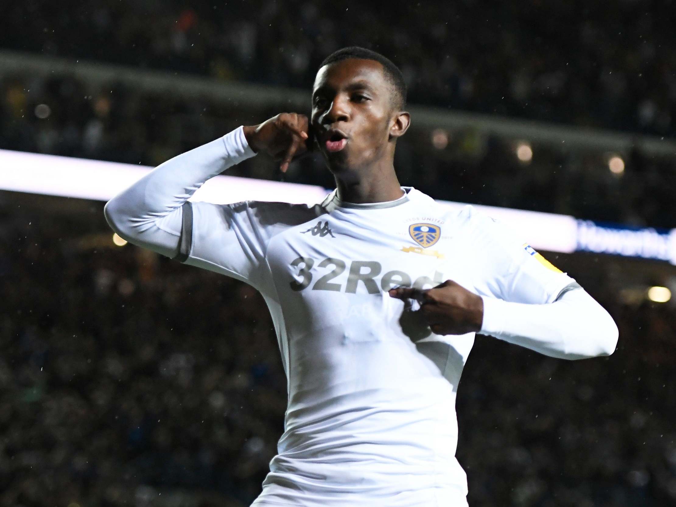 Eddie Nketiah celebrates after scoring the winning goal for Leeds against Brentford