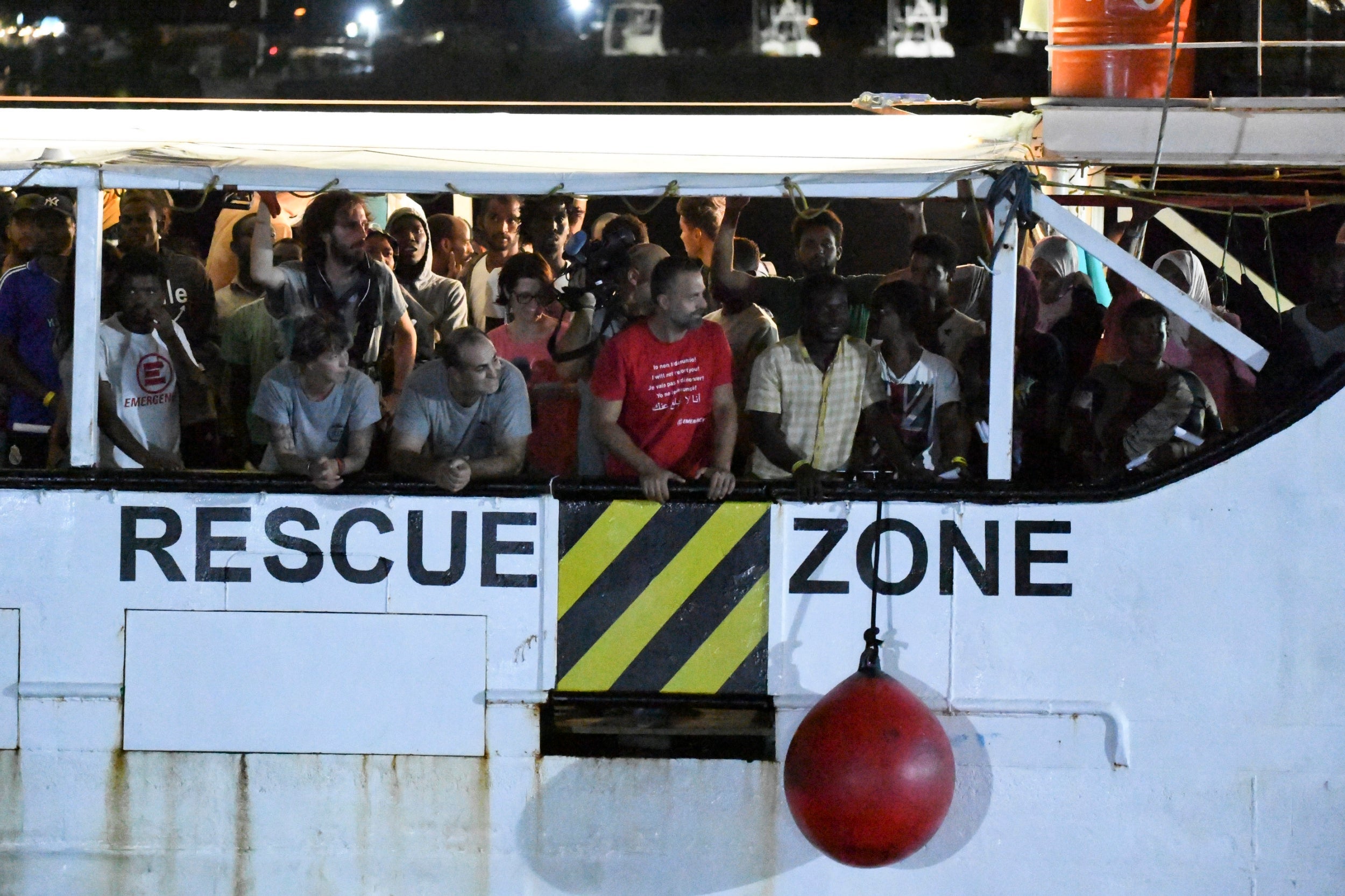 The Open Arms rescue ship arrives on the Sicilian island of Lampedusa, southern Italy. Italy's government has turned rescue ships away from its ports under far-right interior minister Matteo Salvini.