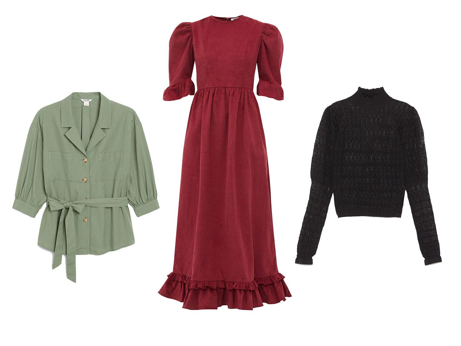 Puff Sleeve Blouse, £30, Monki; Batsheva, Puff-Sleeve Cotton Dress, £485, Matches Fashion; Sweater with Puff Sleeves, £19.99, Zara