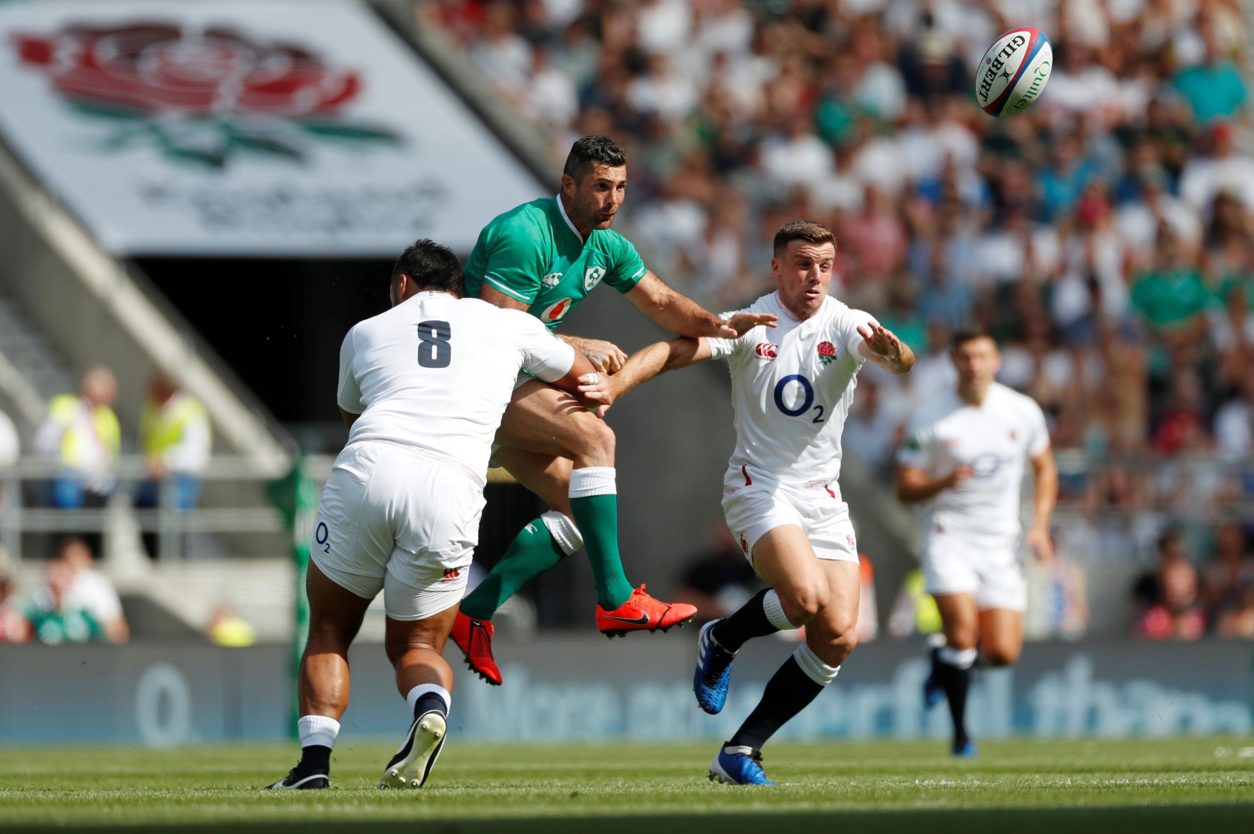 Billy Vunipola tackles Rob Kearney during England’s 57-15 win over Ireland