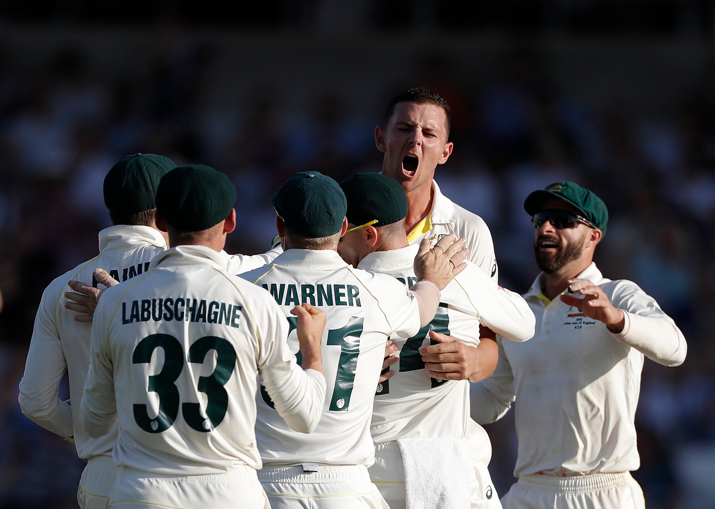 Josh Hazlewood celebrates finally taking the wicket of Joe Denly