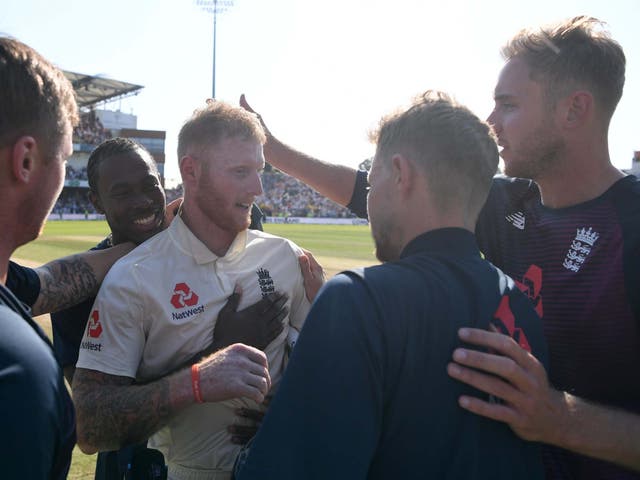 Ben Stokes is greeted by his teammates