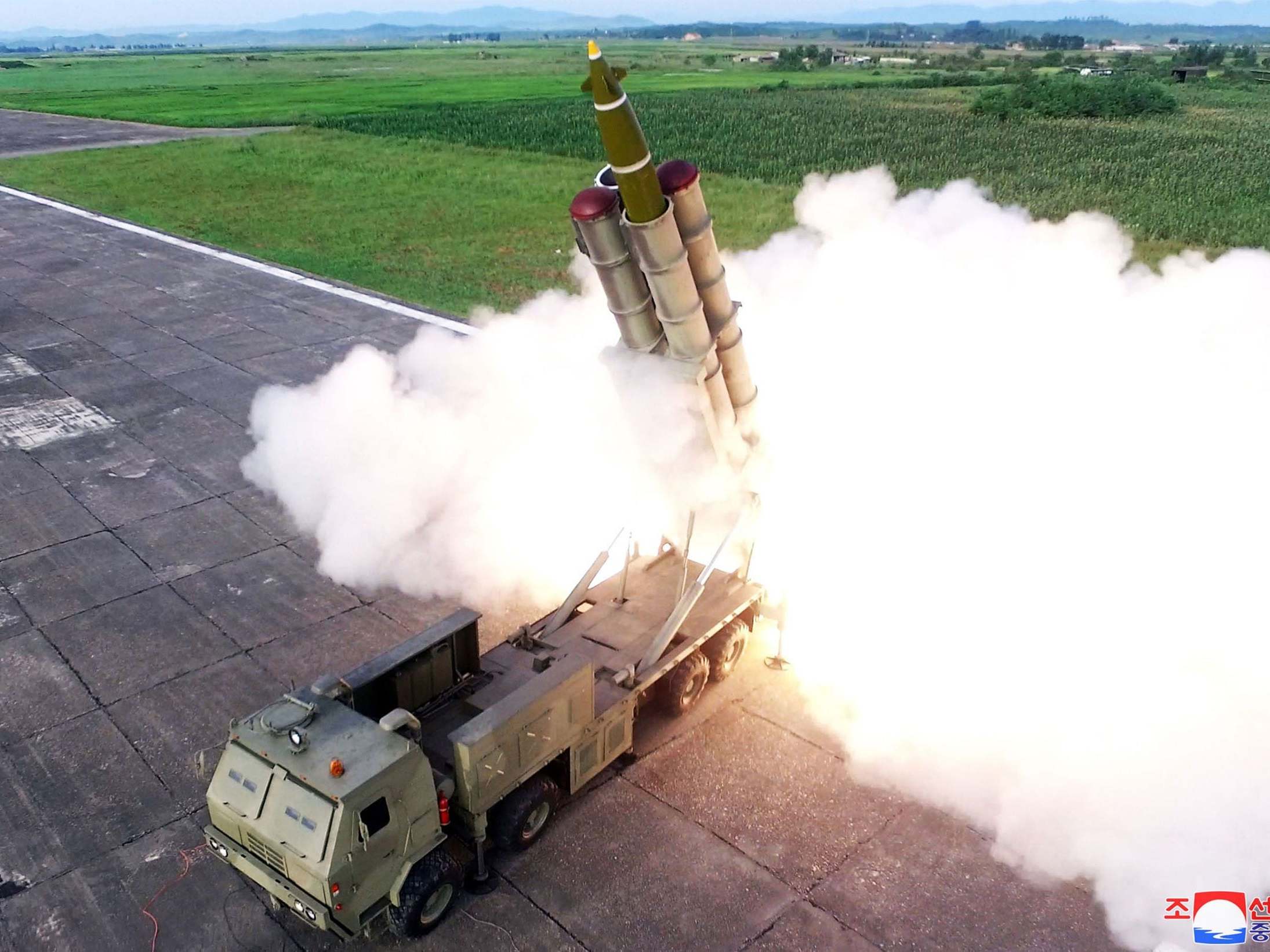 Picture from North Korean state media shows test-firing of a ‘newly developed super-large multiple rocket launcher’ (AFP/Getty Images)