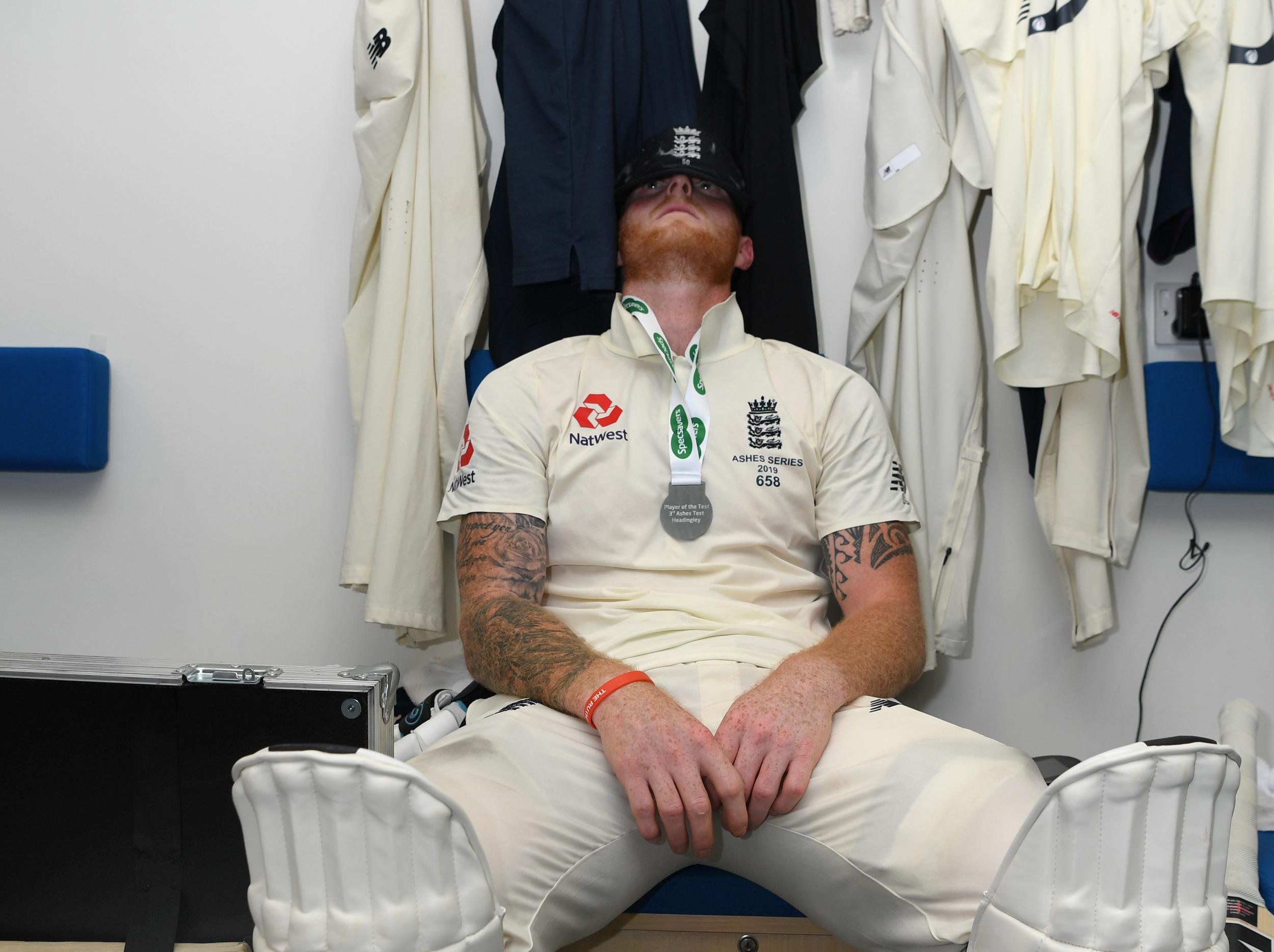 An exhausted Ben Stokes in the England dressing room after his remarkable innings