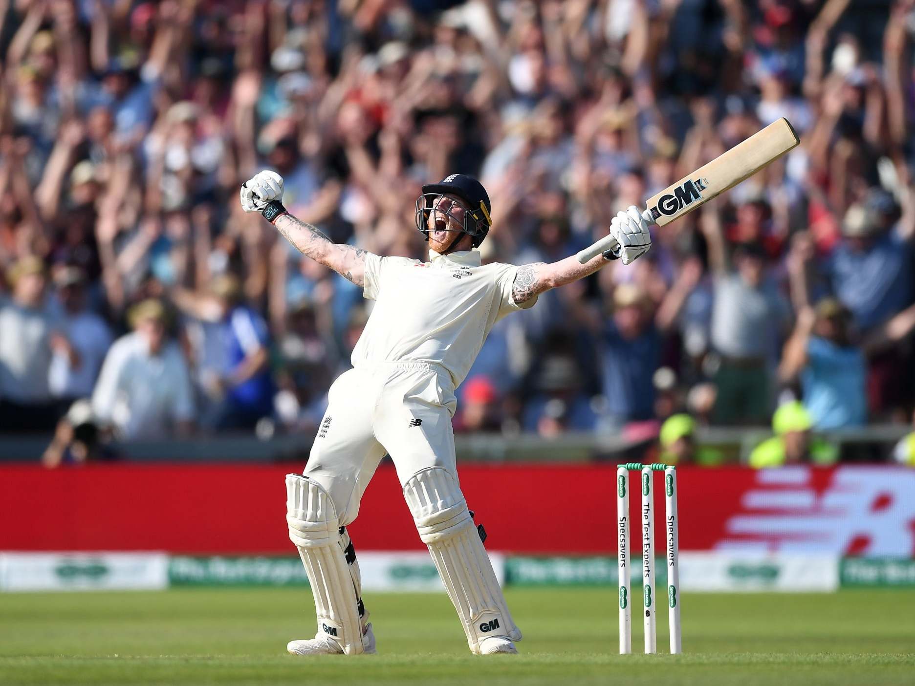 Ben Stokes of England celebrates hitting the winning runs