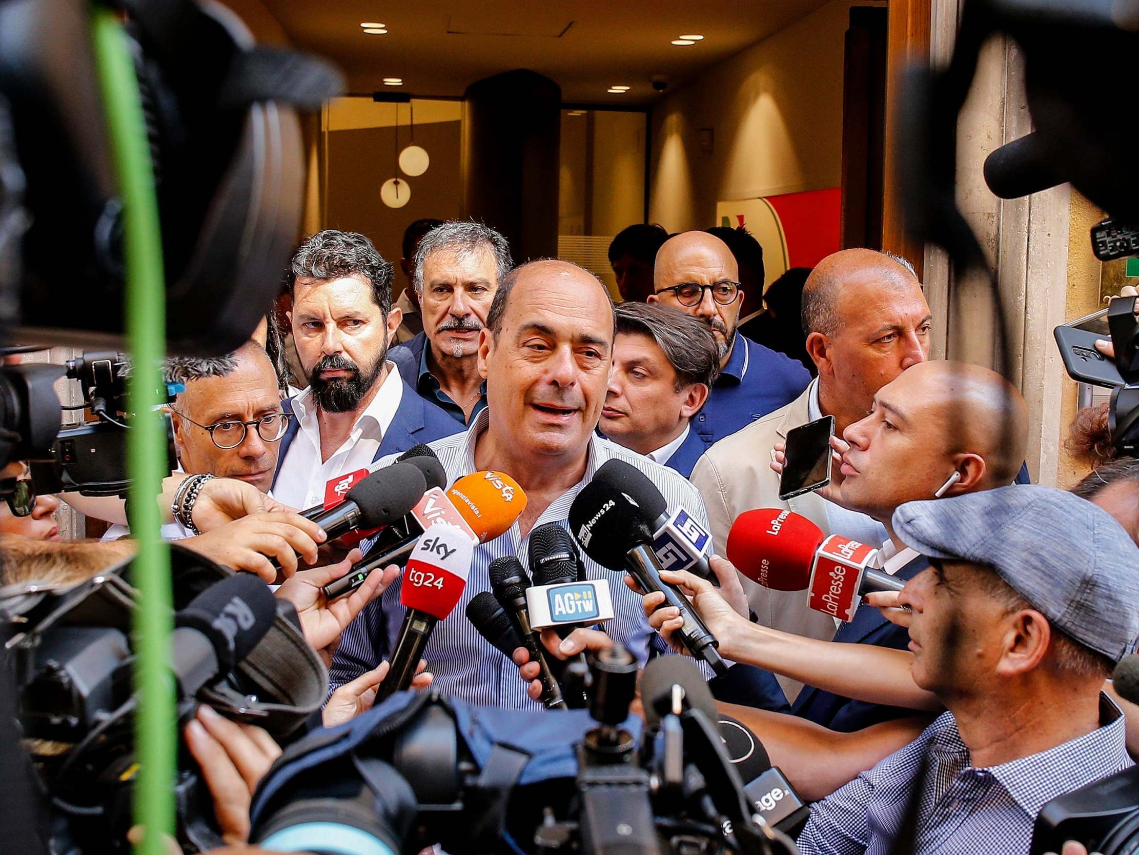 Nicola Zingaretti, secretary of the Italian Democratic Party, talks to the media outside the centre-left paty's headquarters in Rome on Monday