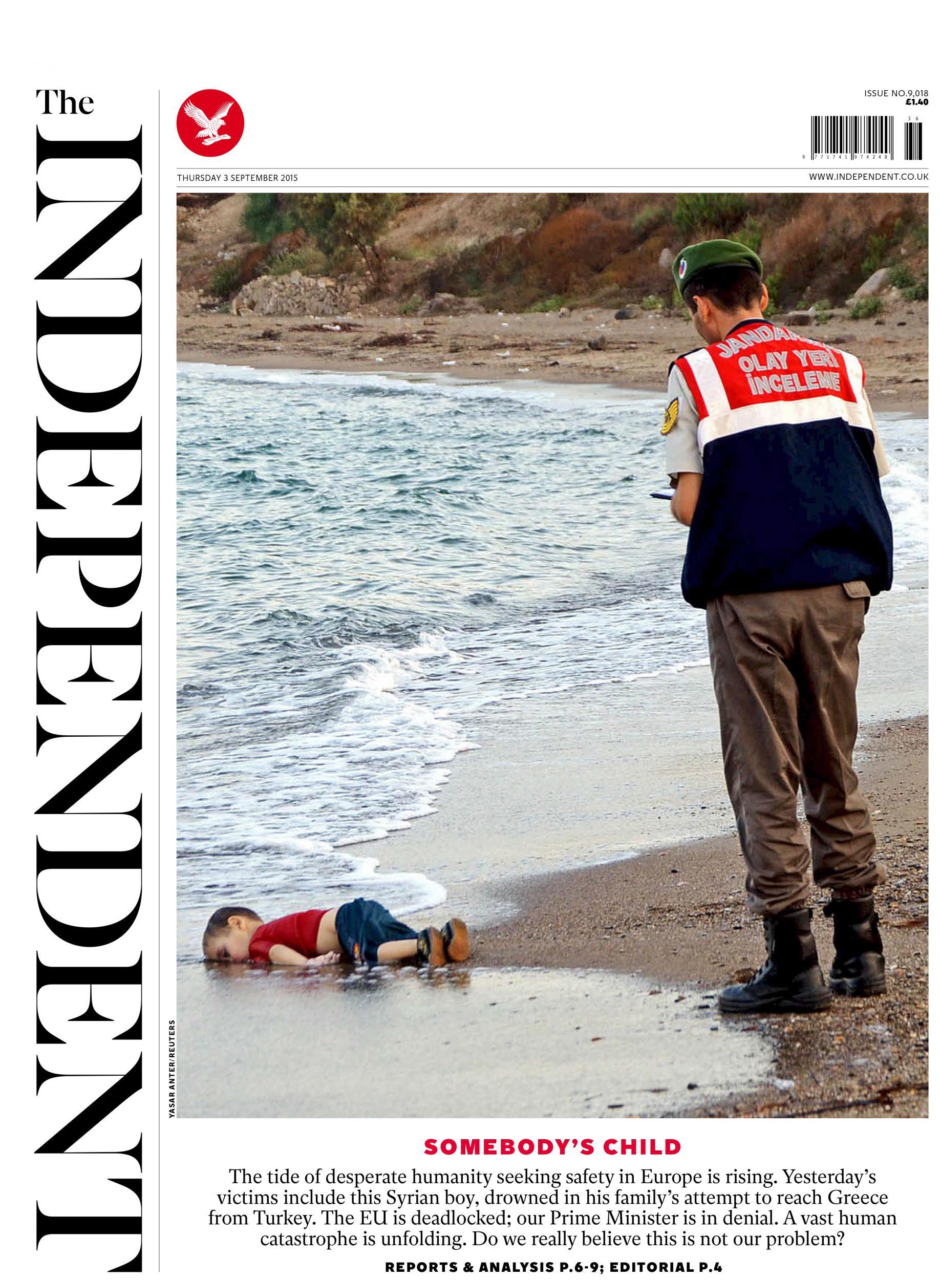 The Independent front page on the death of Alan Kurdi