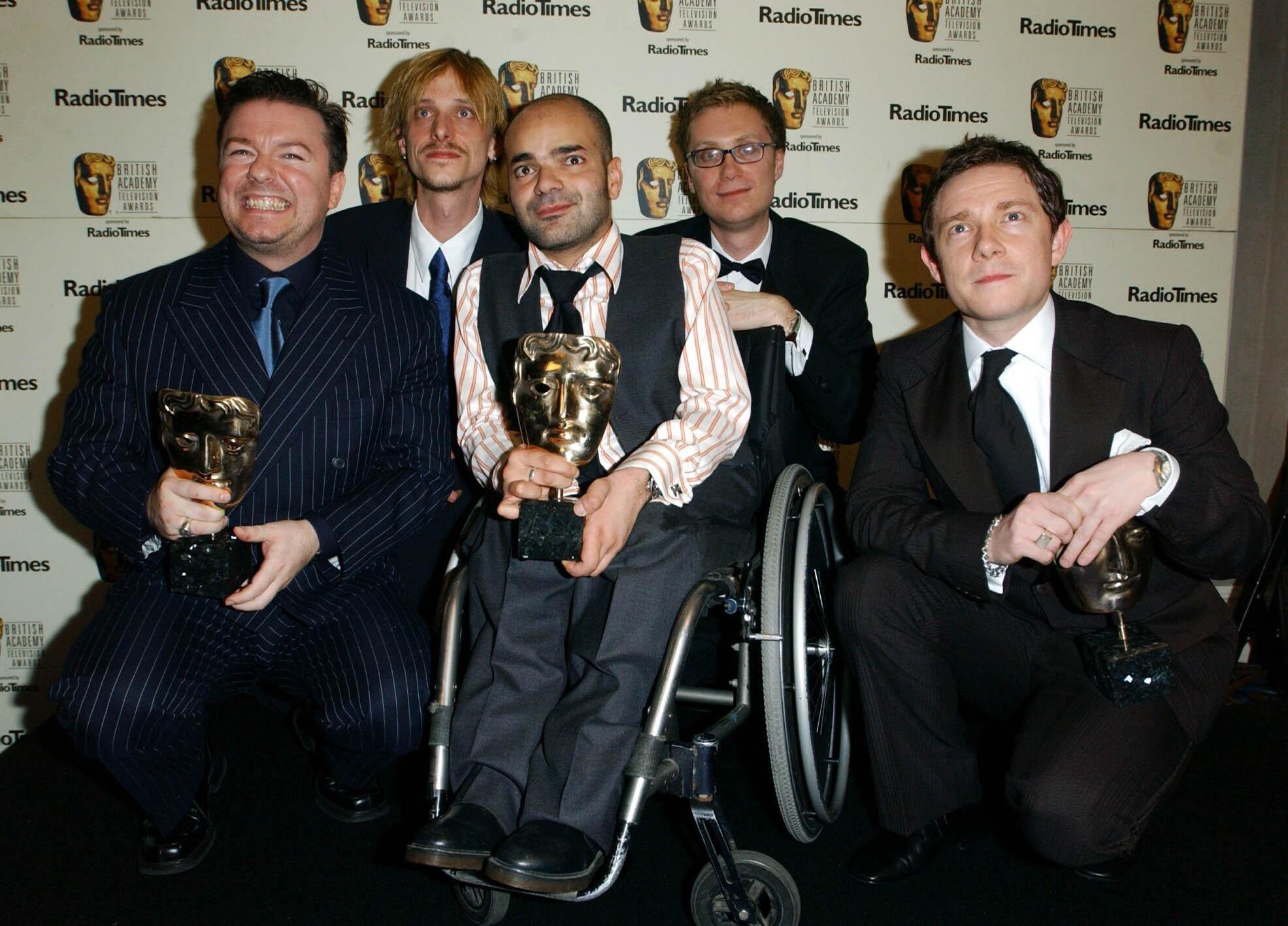 (From left to right) Ricky Gervais, Mackenzie Crook, Ash Atalla, Stephen Merchant and Martin Freeman with their awards – Best Comedy Performance and Best Sitcom, both for The Office Christmas Special during the British Academy Television Awards