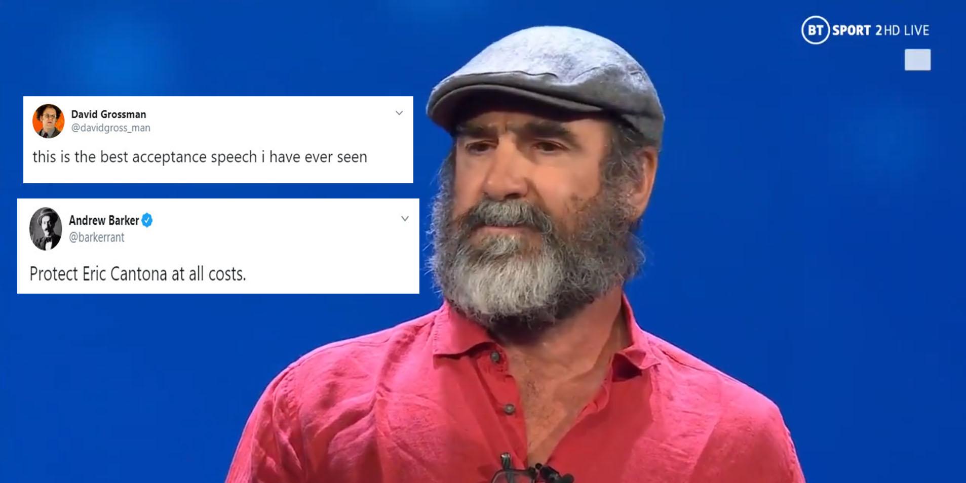 Wearing a crumpled red shirt and flat cap, Cantona gave a typically offbeat acceptance speech when presented with a lifetime achievement award by Uefa