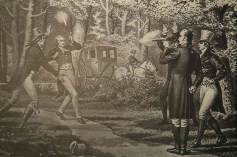 Alexander Hamilton exhibit at the Smithsonian National Postal Museum shows Aaron Burr (r) duelling with Hamilton