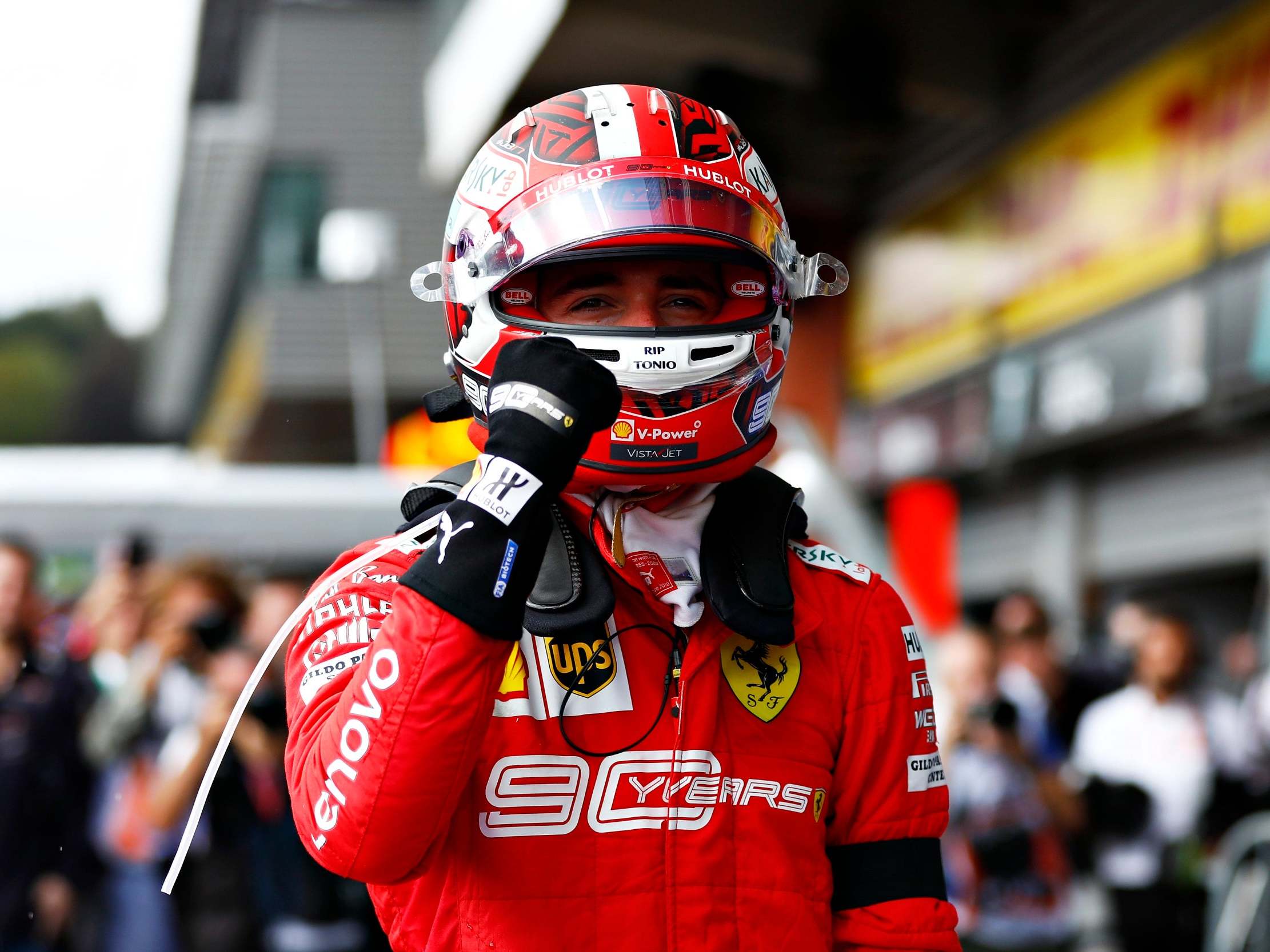 Leclerc celebrates winning the Belgian Grand Prix to take his maiden F1 victory