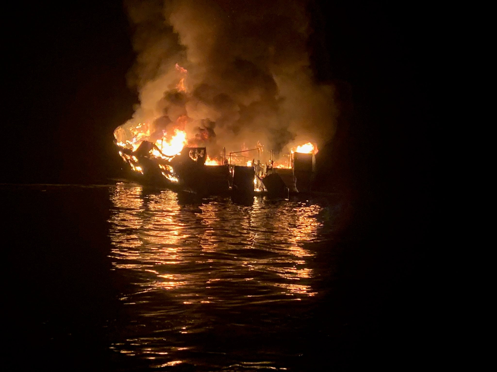 The diving boat Conception on fire off Santa Cruz Island, California