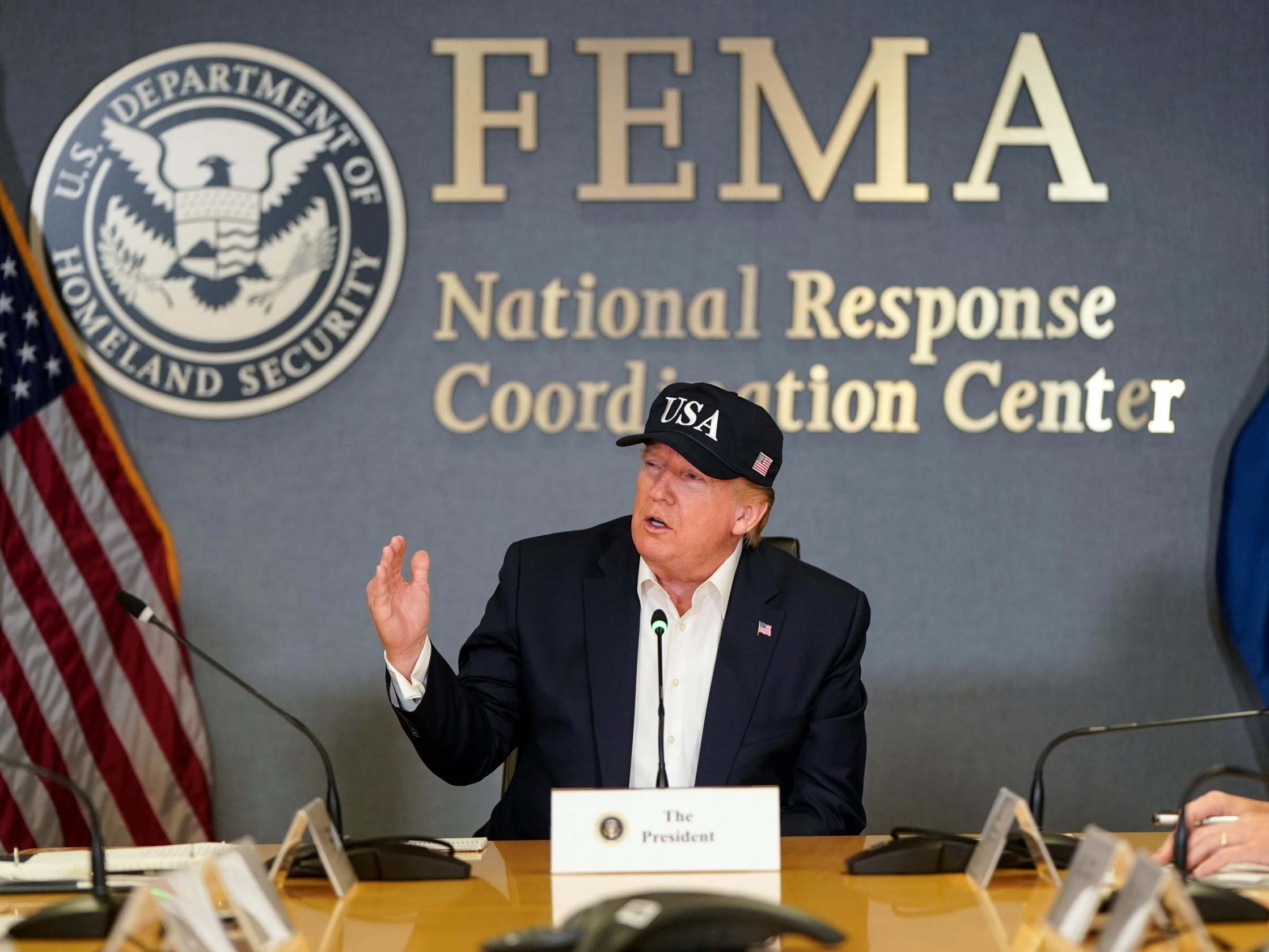 Donald Trump at a briefing on Hurricane Dorian in Washington DC