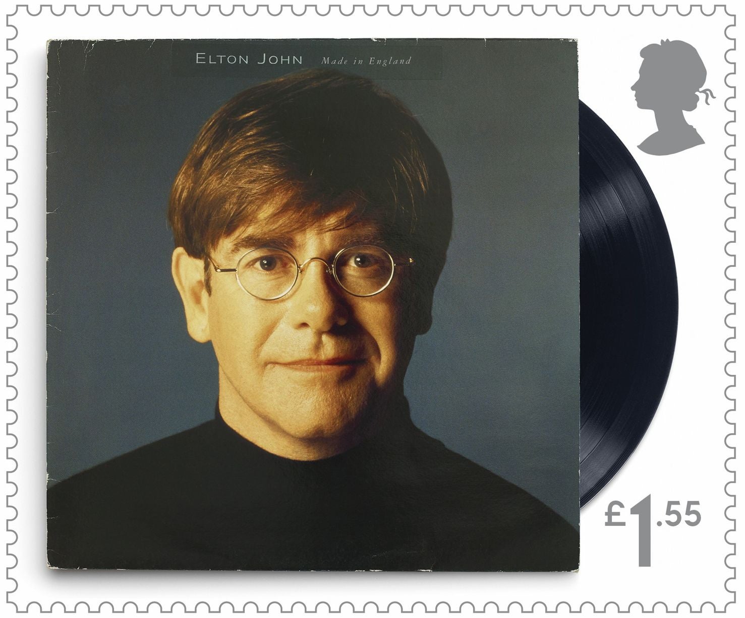 A Royal Mail stamp featuring Sir Elton John on the cover of his album Made in England