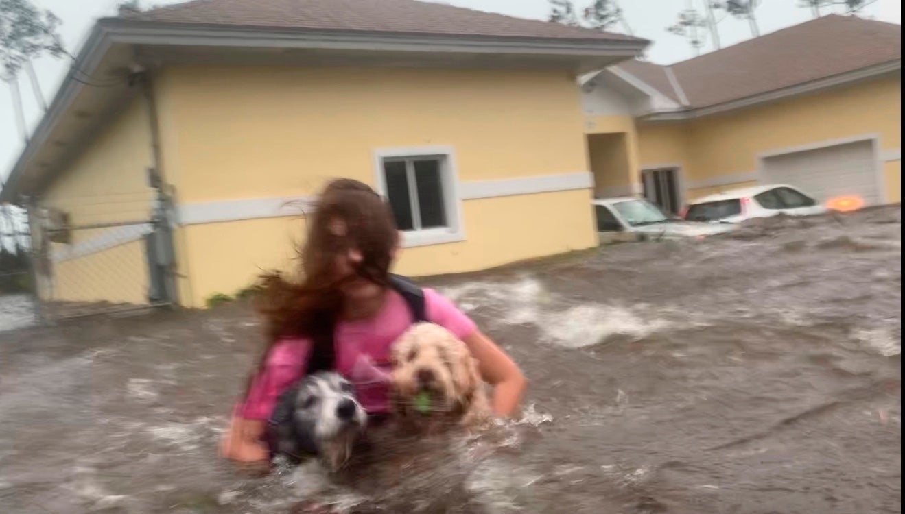 Julia Aylen wades through water carrying her dogs after her home in Freeport, Bahamas, was flooded by Hurricane Dorian