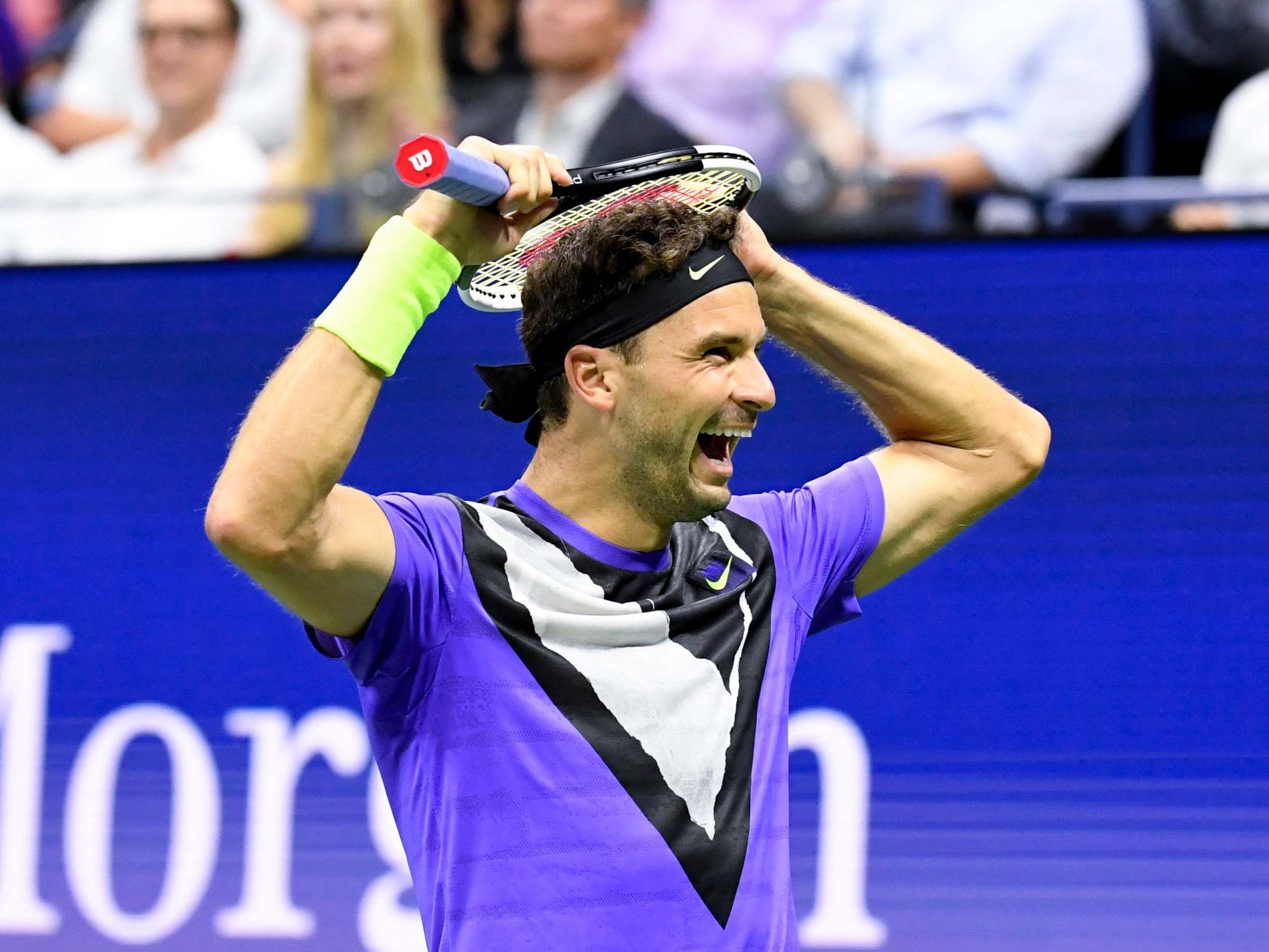 Grigor Dimitrov celebrates the biggest win of his tennis career