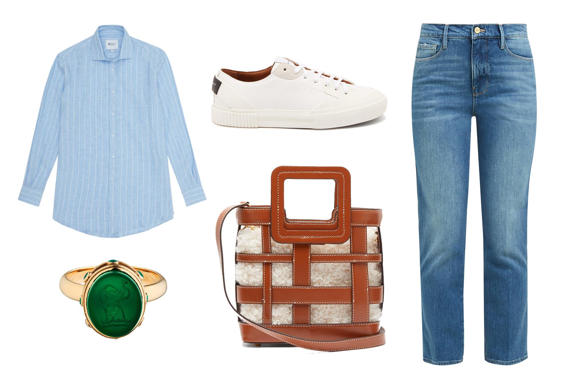 With Nothing Underneath linen sky blue and white stripe: £85, Catherine Zoraida emerald elephant signet ring: £1,800, Givenchy Corrugated-sole leather low-top trainers: £495, Staud Shirley mini leather and shearling bag: £320, Frame Le Sylvie straight-leg cropped jeans: £230.