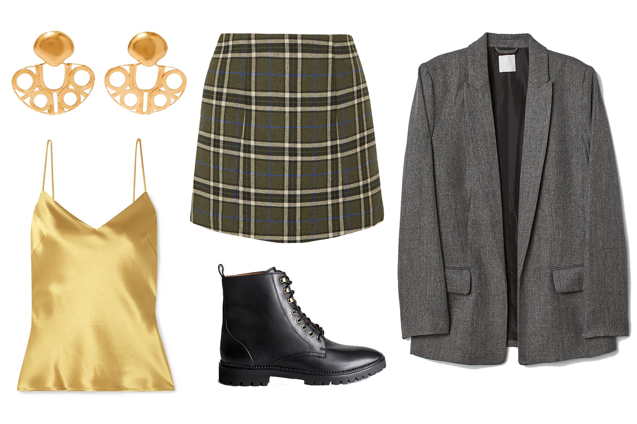 &#13;
Cano X Paula Mendoza Atratogold-platedearrings: £297.60, Galvan satin camisole: £195, Alexachung Plaid twill mini skirt: £125, &amp; Other Stories lace-up leather boots: £135, H&amp;M Straight-cut jacket: £24.99.&#13;