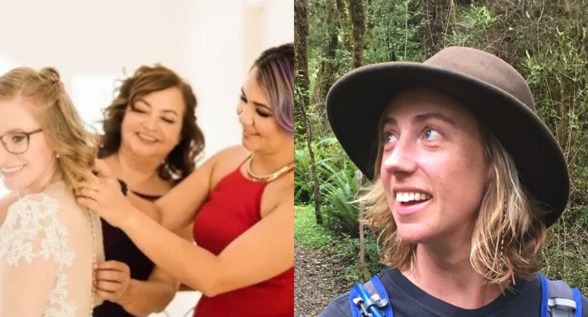 Evita Olson is helped by her two sisters, both presumed to be victims of the California boat fire, as she dresses for her wedding in the photo on the left. On the right, Kristy Finstad, another presumed victim, shares a photo from her travels as a respected diving instructor around the world.