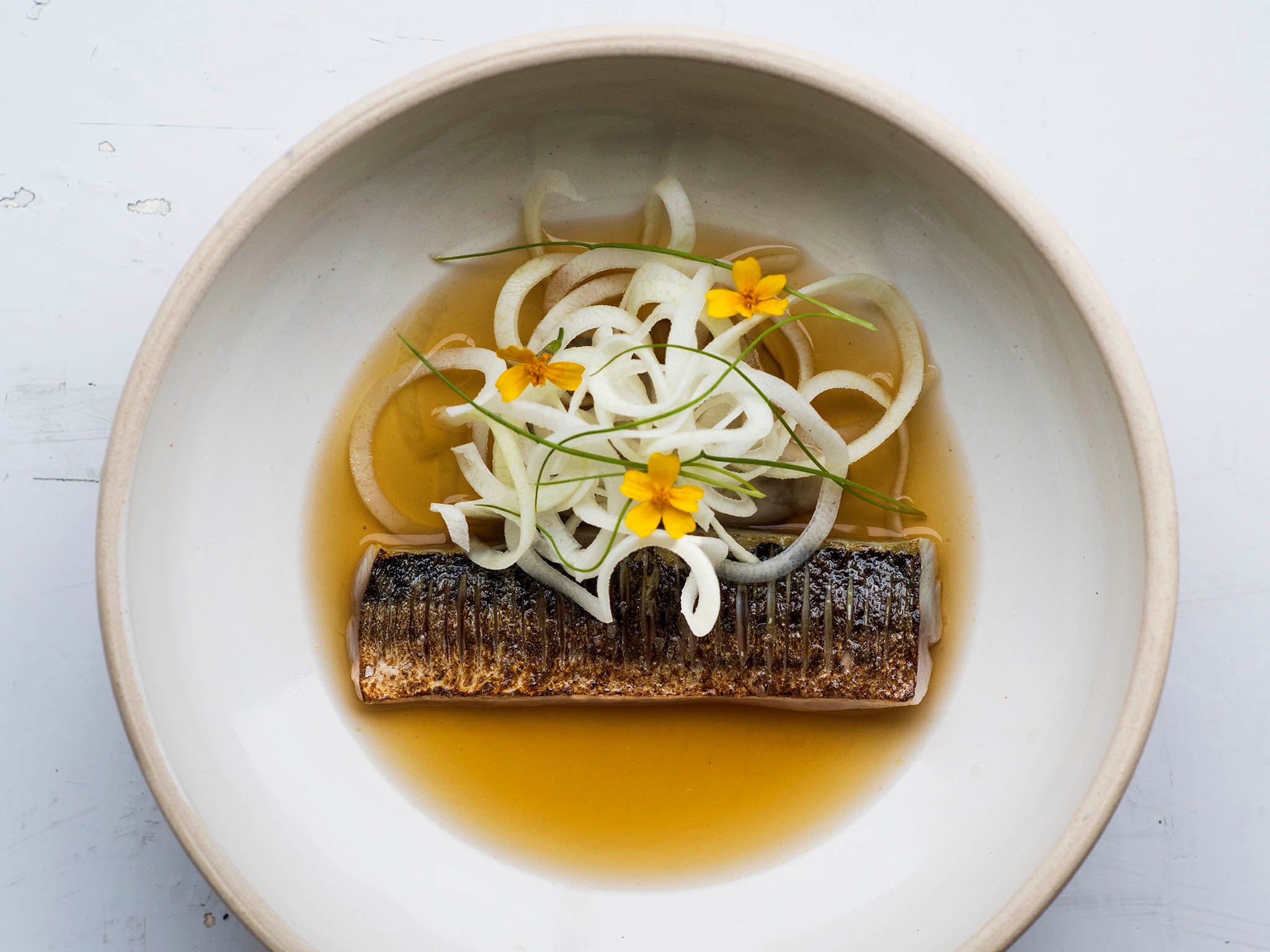 Grilled mackerel, oyster and smoked bone broth at Wilsons restaurant