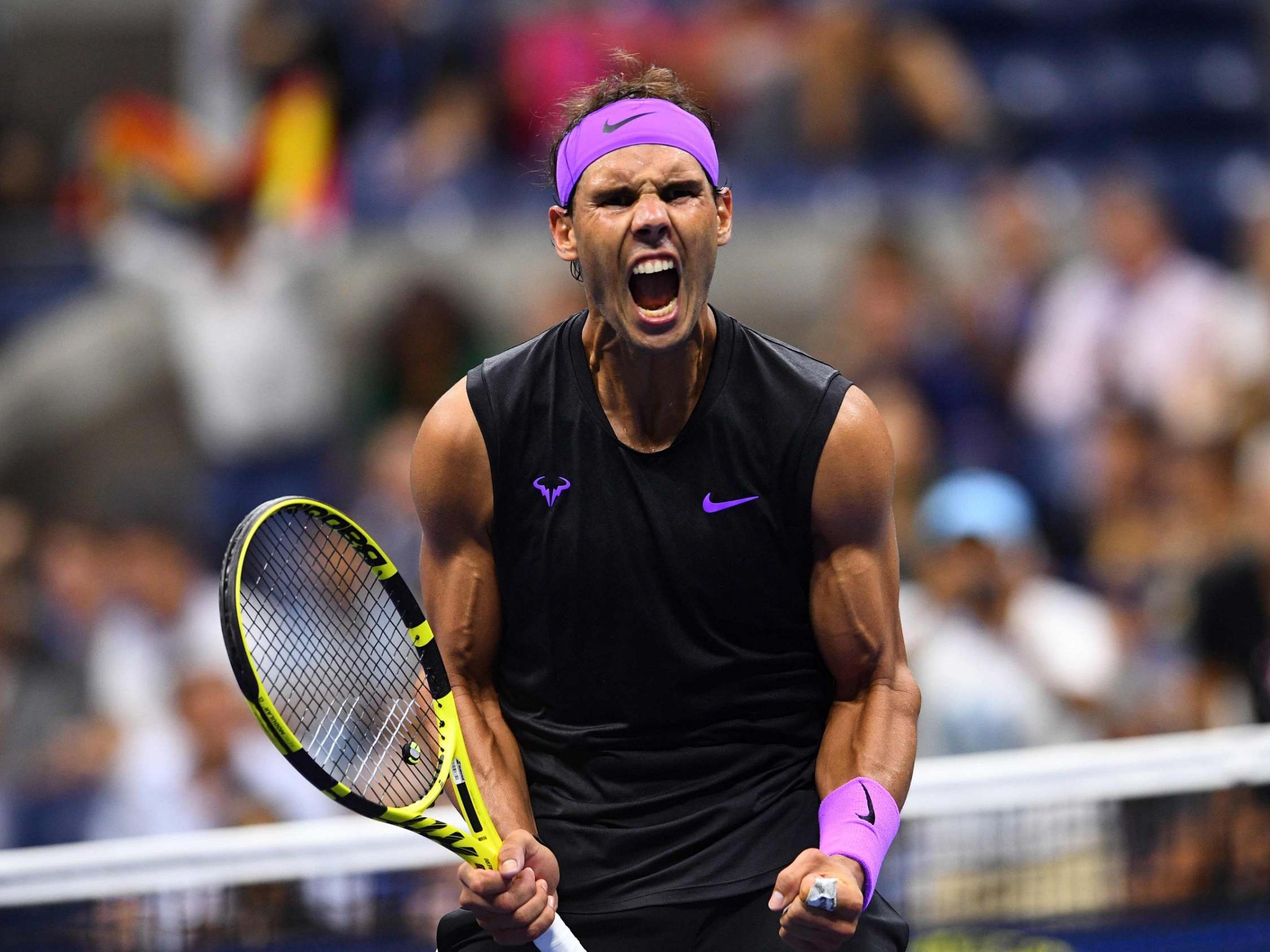 Rafael Nadal celebrates his victory over Diego Schwartzman in the US Open quarter-finals