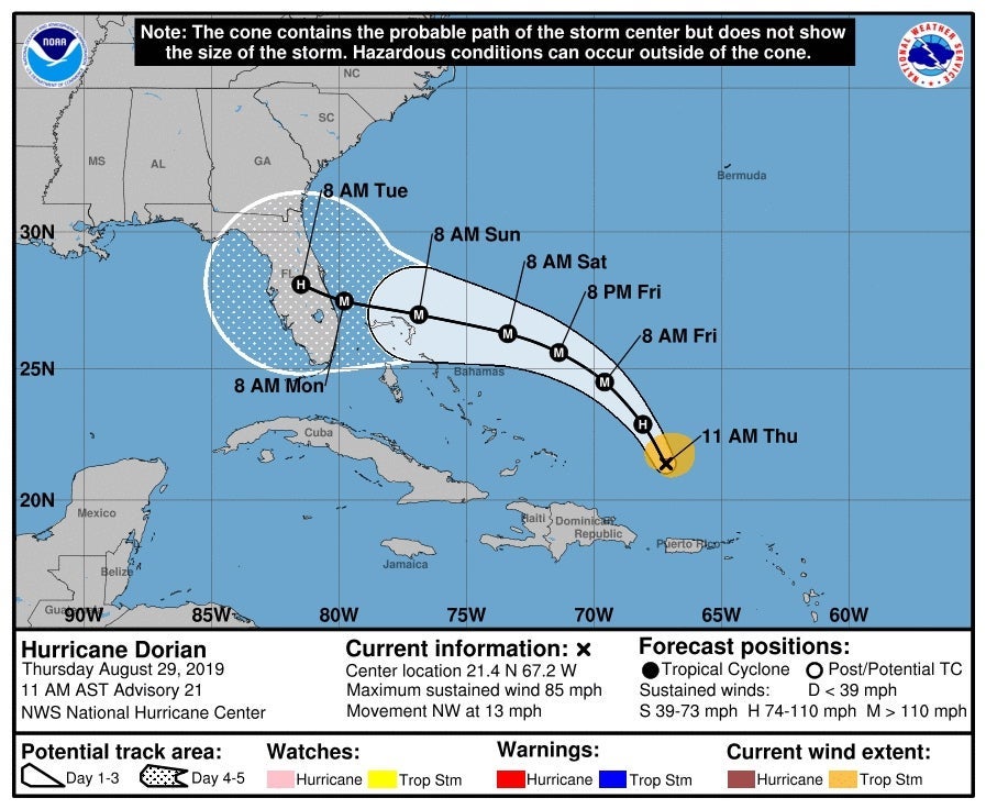 The apparently pre-doctored version of Hurricane Dorian's potential path released by the NOAA
