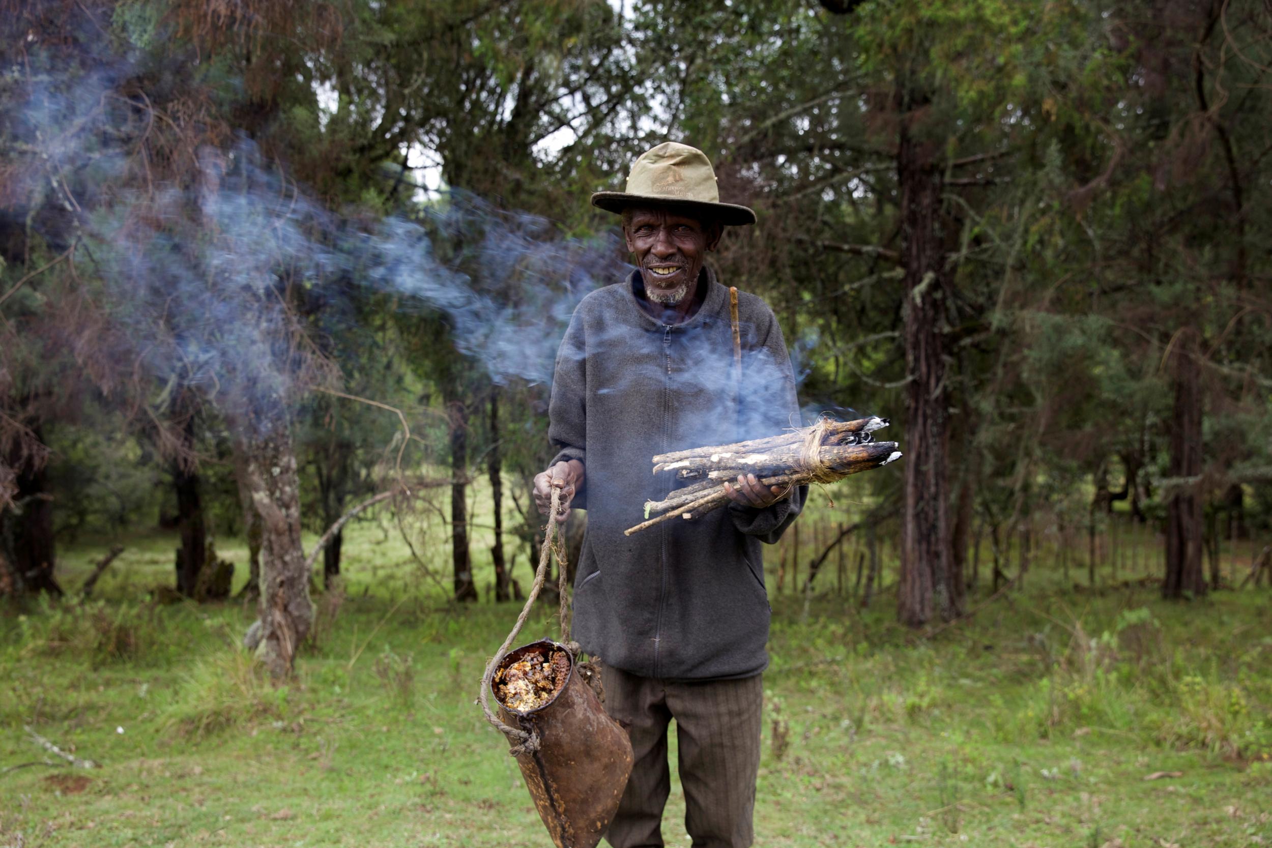 Homeland: an man from Ogiek community harvests honey in Mount Elgon game reserve, where they have reached an agreement with the government allowing them to remain in their ancestral lands in western Kenya