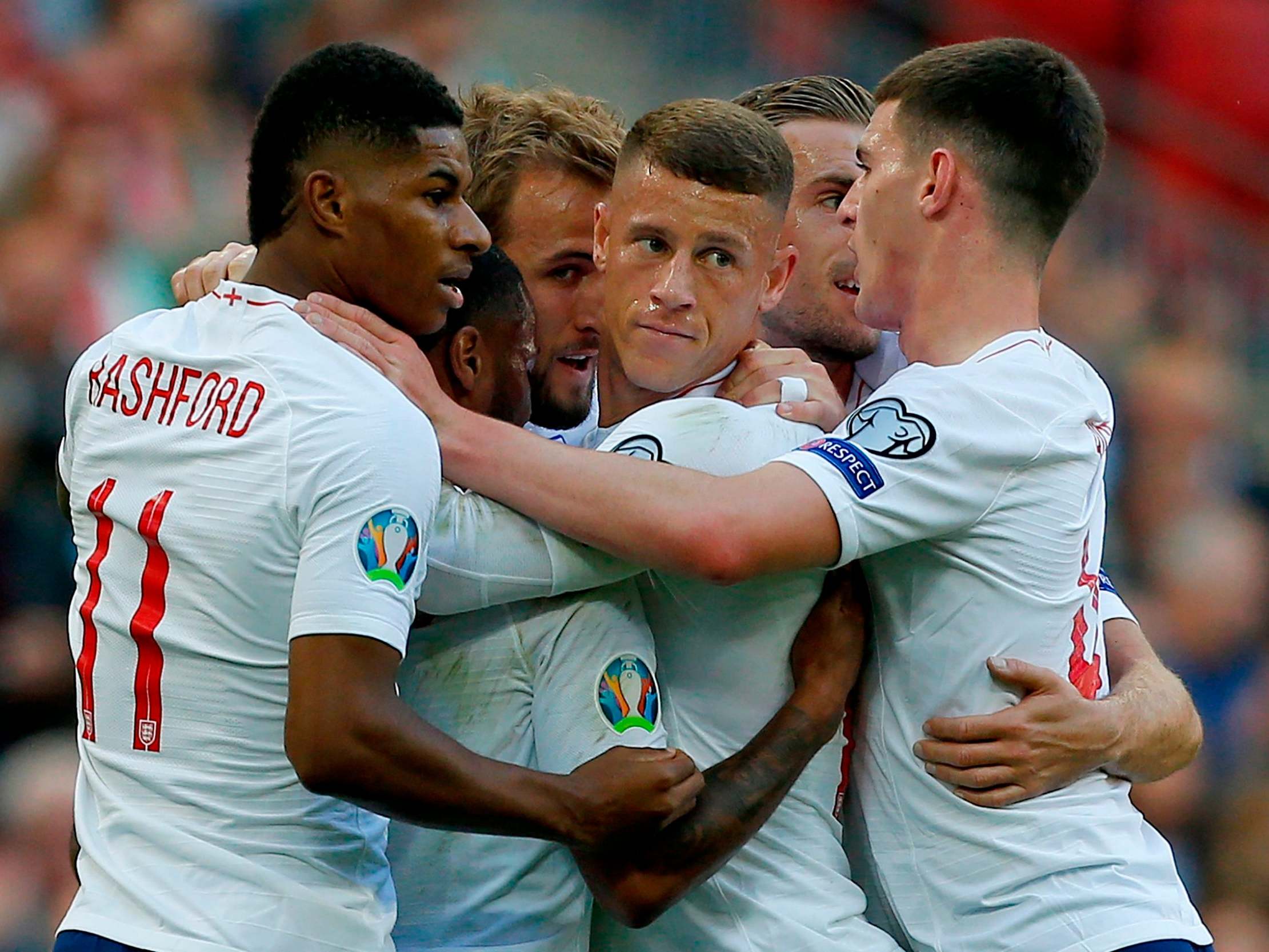 England celebrate their opening goal against Bulgaria (AFP/Getty)