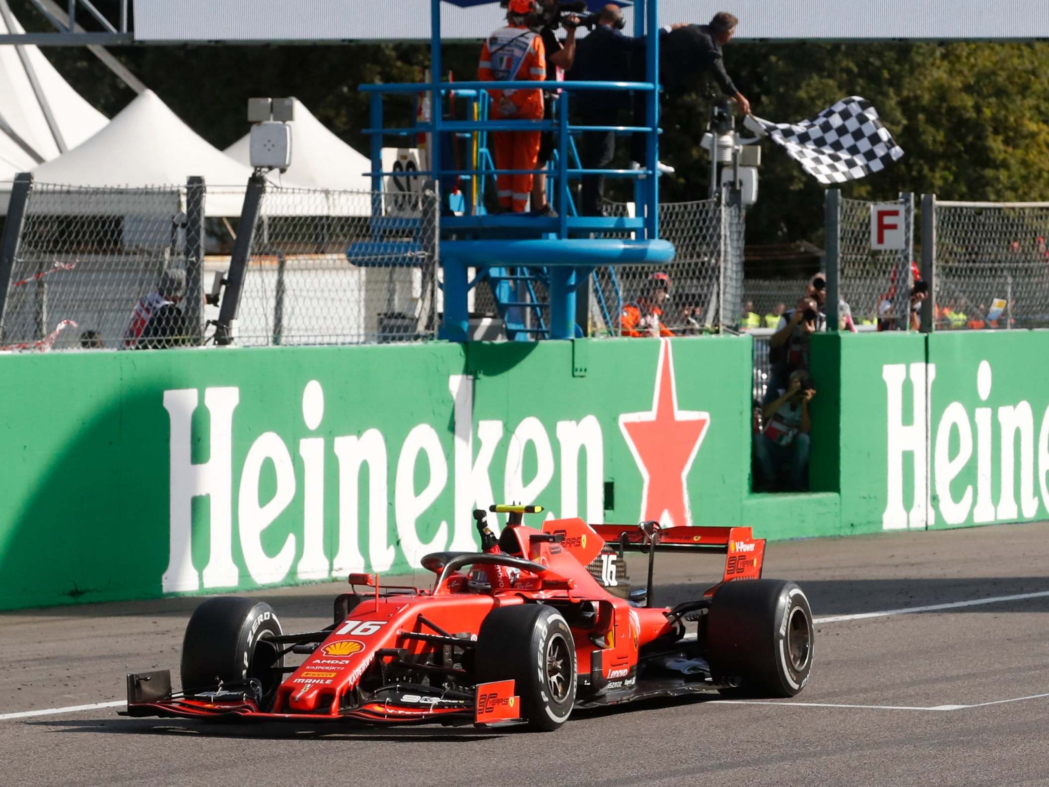 Charles Leclerc crosses the line to win his second Grand Prix