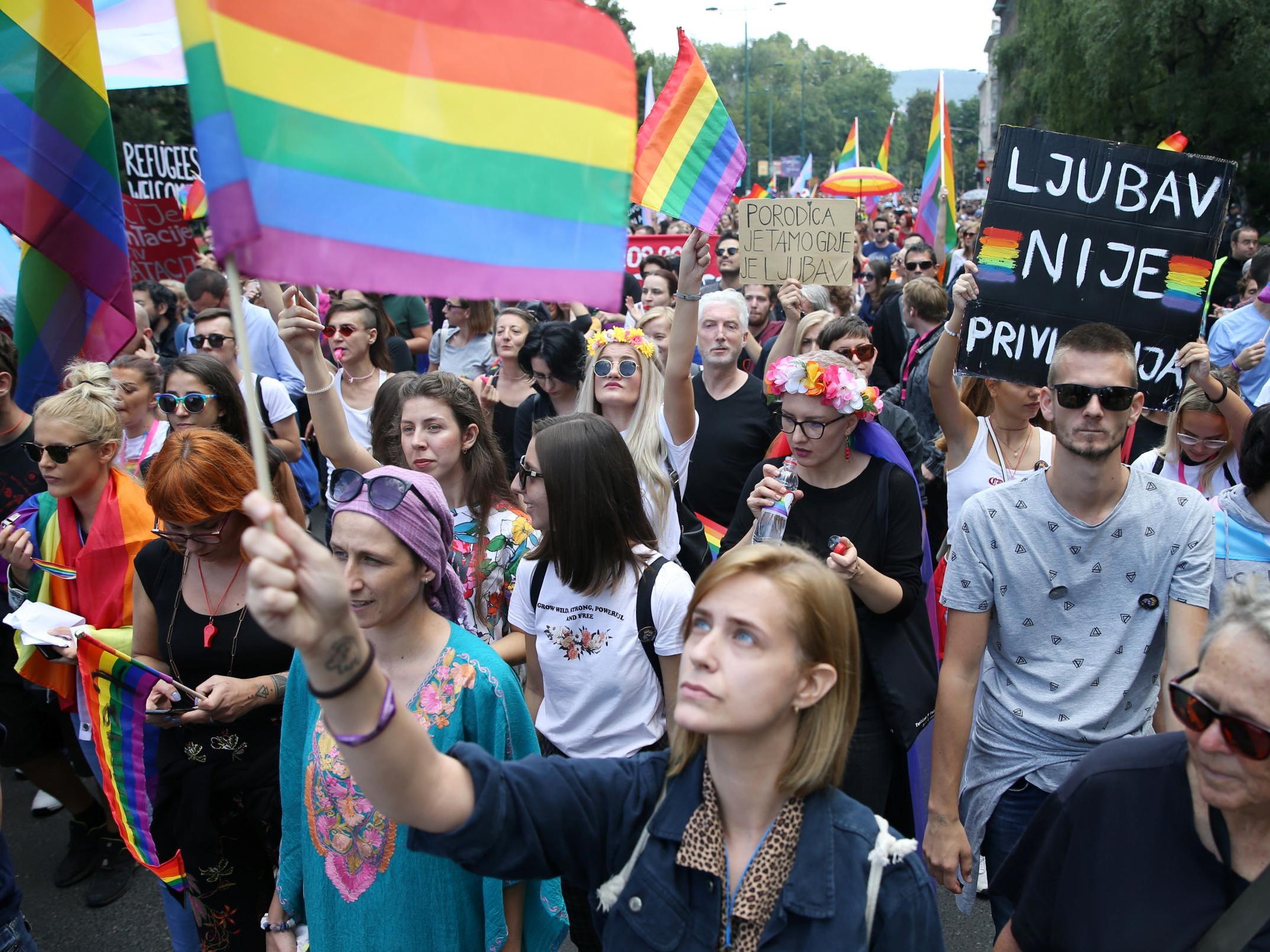 Participants are seen during the first gay pride parade in Sarajevo, Bosnia and Herzegovina