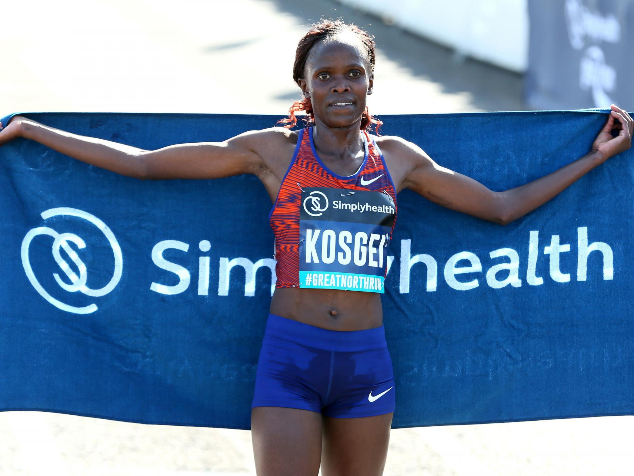 Brigid Kosgei celebrates after winning the women’s race