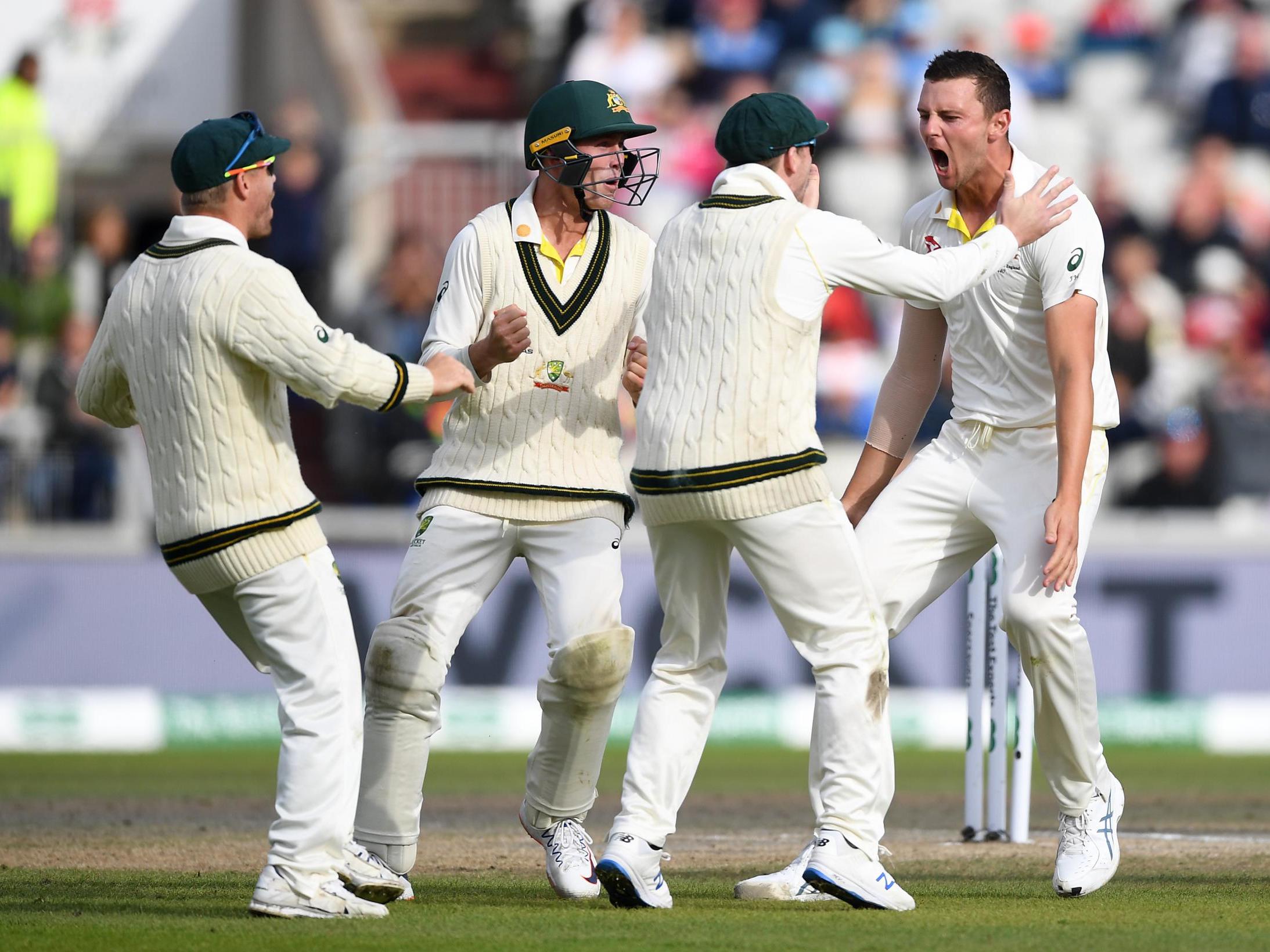 Josh Hazlewood celebrates removing 11th batsman Stuart Broad