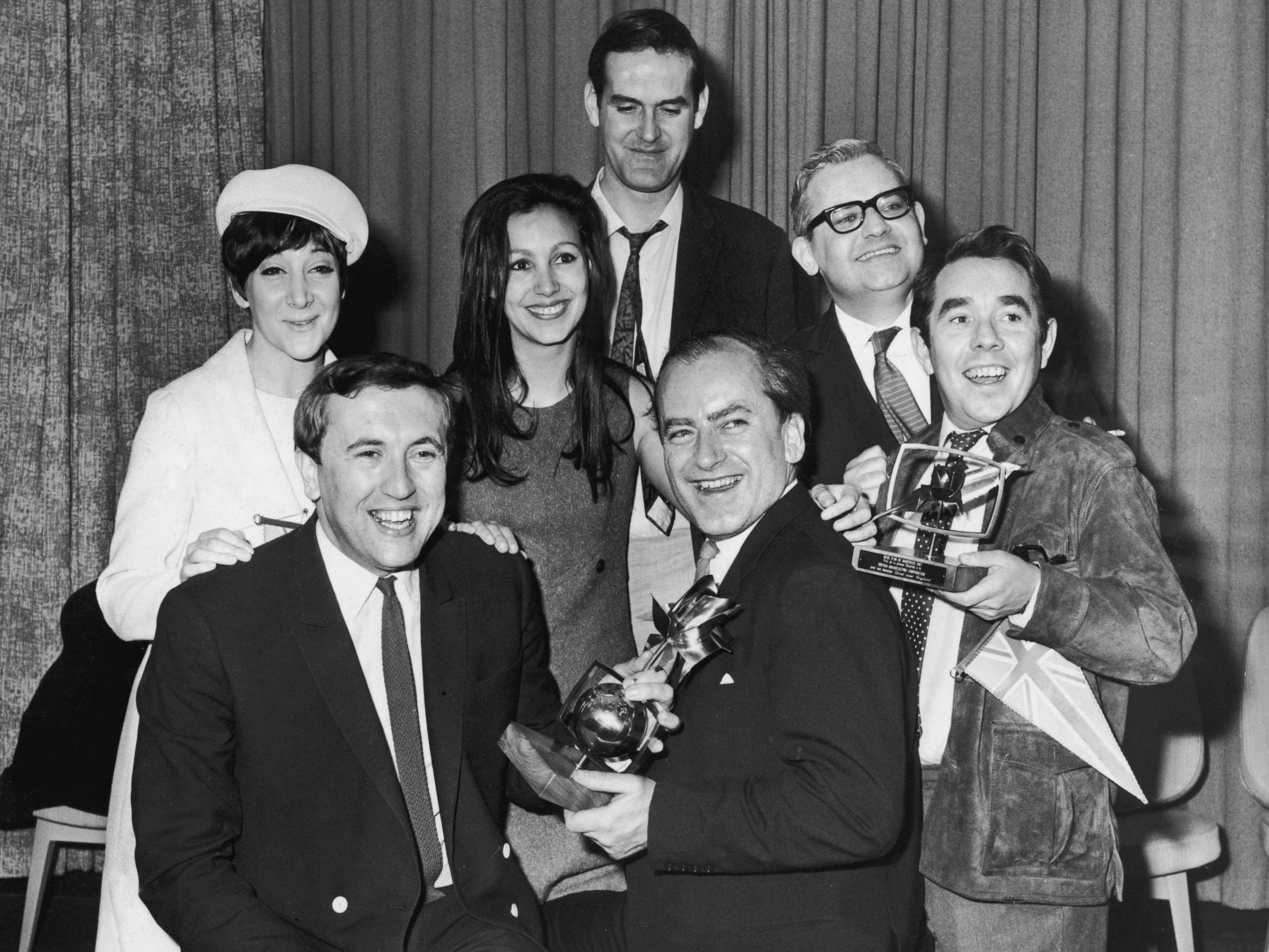 Steafel (left) and the cast of 'Frost Over England' (1967): David Frost, Julie Felix, John Cleese, producer James Gilbert, Ronnie Barker and Ronnie Corbett