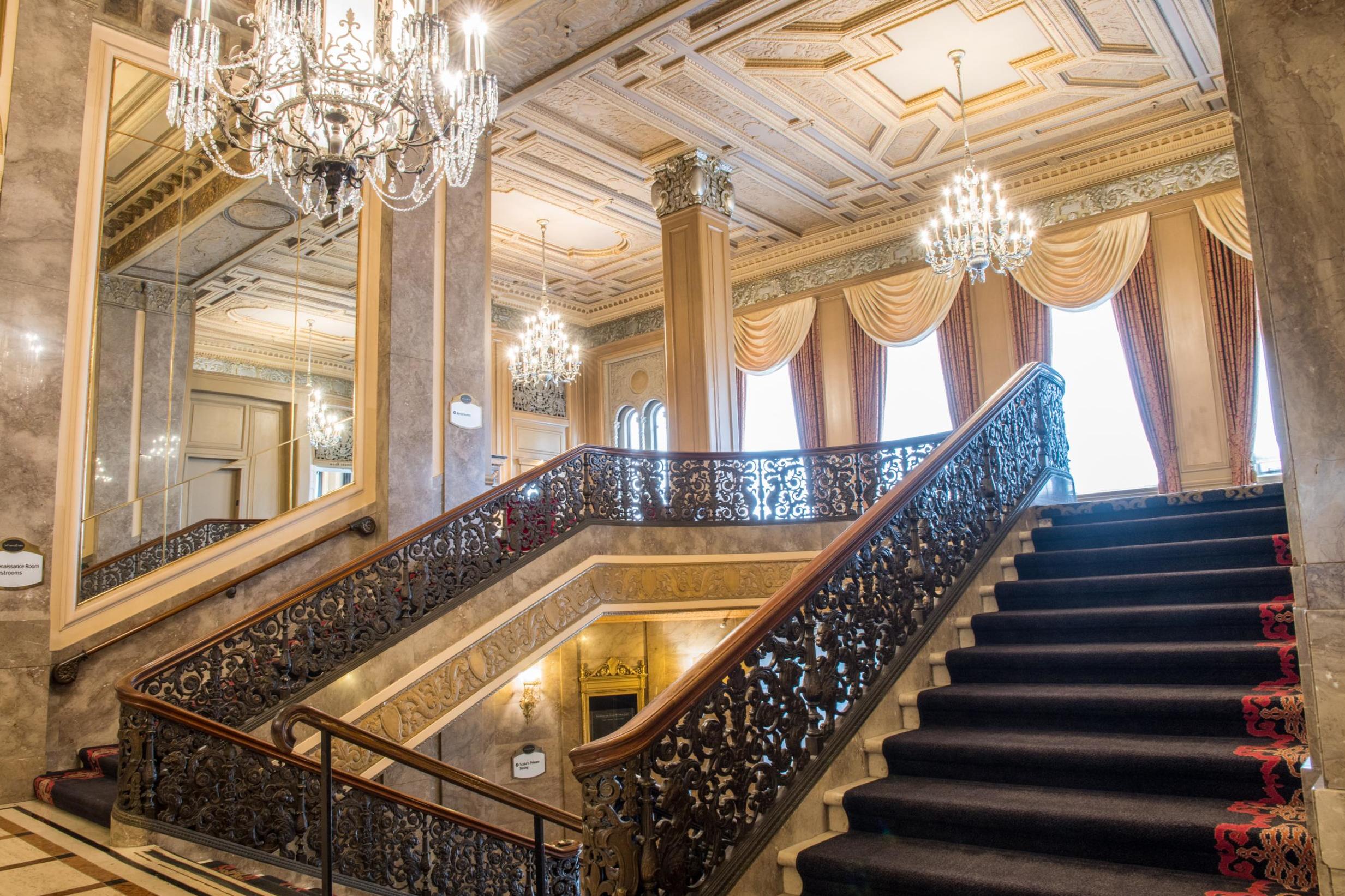 The opulent staircase at Sir Francis Drake