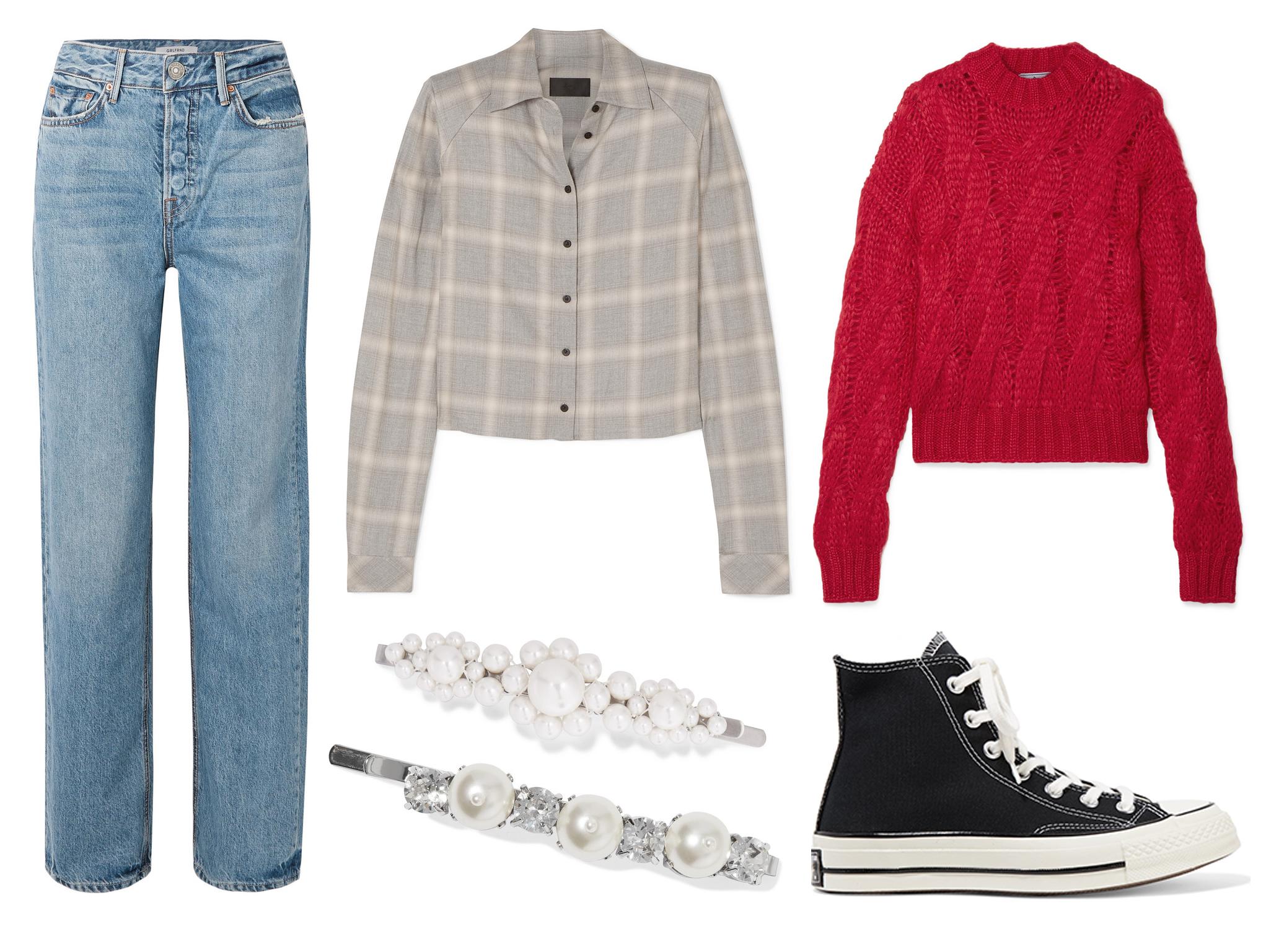 Grlfrnd Mica high-rise straight-leg jeans: £255, RTA Maxine plaid woven shirt: £340, Simone Rocha Silver-tone faux pearl hair slide: £75, Simone Rocha Silver-tone, faux pearl and crystal hair slide: £120, Prada Cable-knit mohair-blend sweater: £480, Converse Chuck Taylor All Star 70 canvas high-top sneakers: £70.