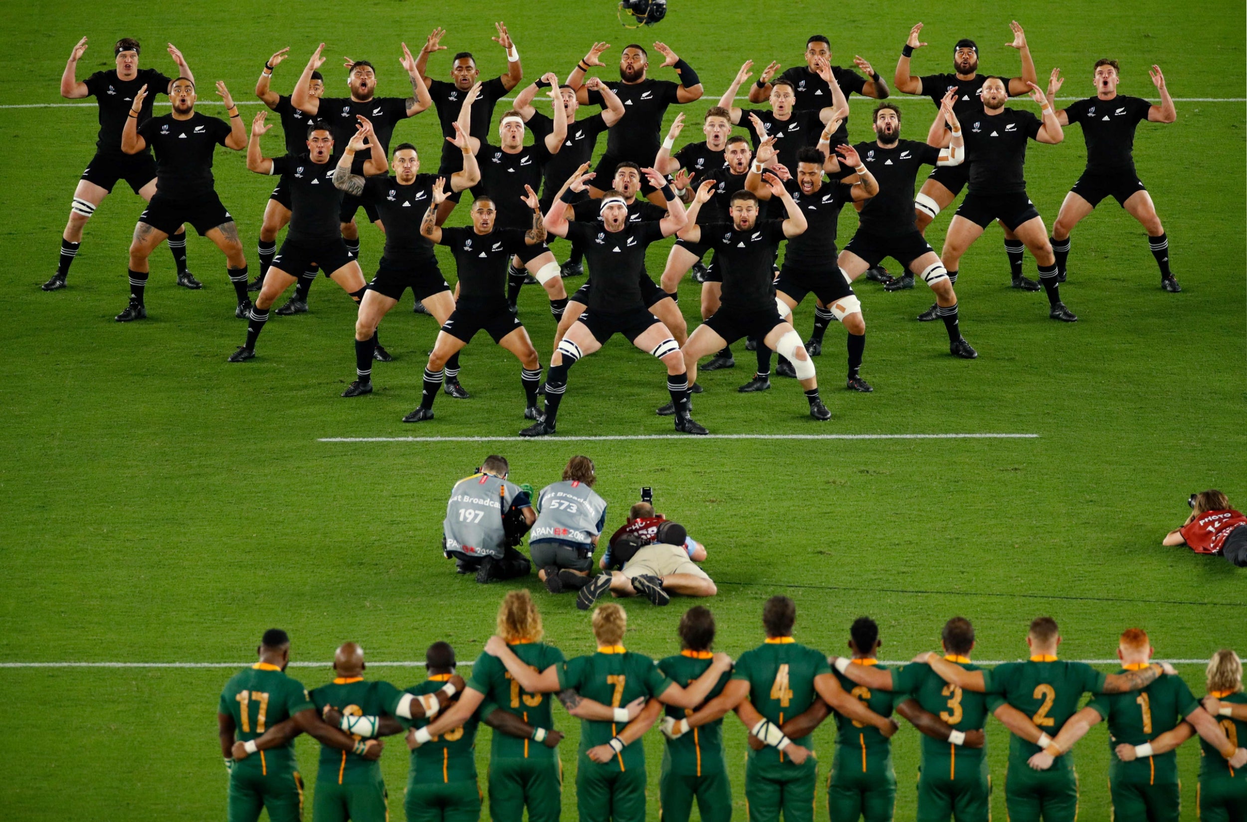 New Zealand perform the Haka before kick-off in Yokohama