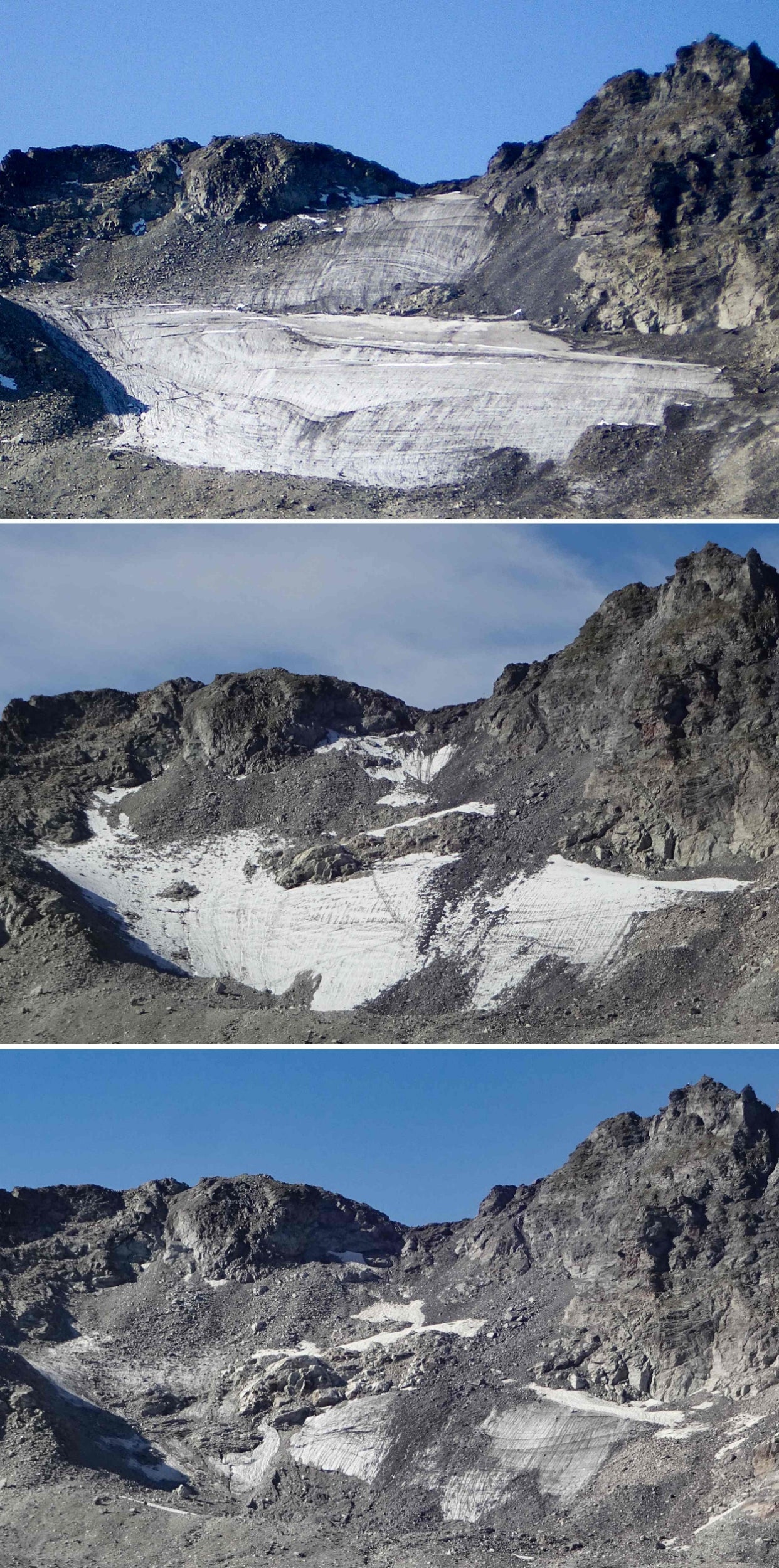 The Pizon glacier, pictured in Summer 2016 (top), 14 August 2017 (middle) and 4 September 4 2019 (bottom)