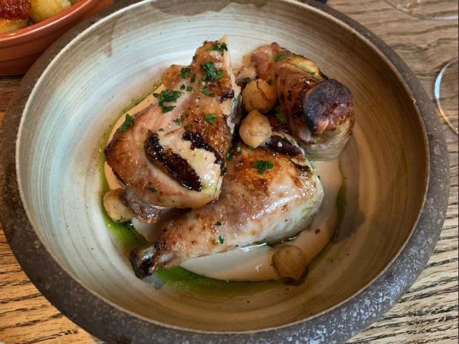 Chargrilled chicken thighs, shabu shabu dressing and fried chickpeas (Ellie Fry)