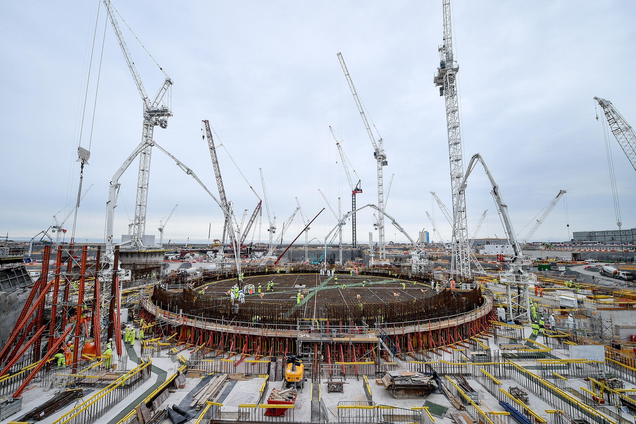 The concrete and steel base for the first reactor at Hinkley Point C in Somerset